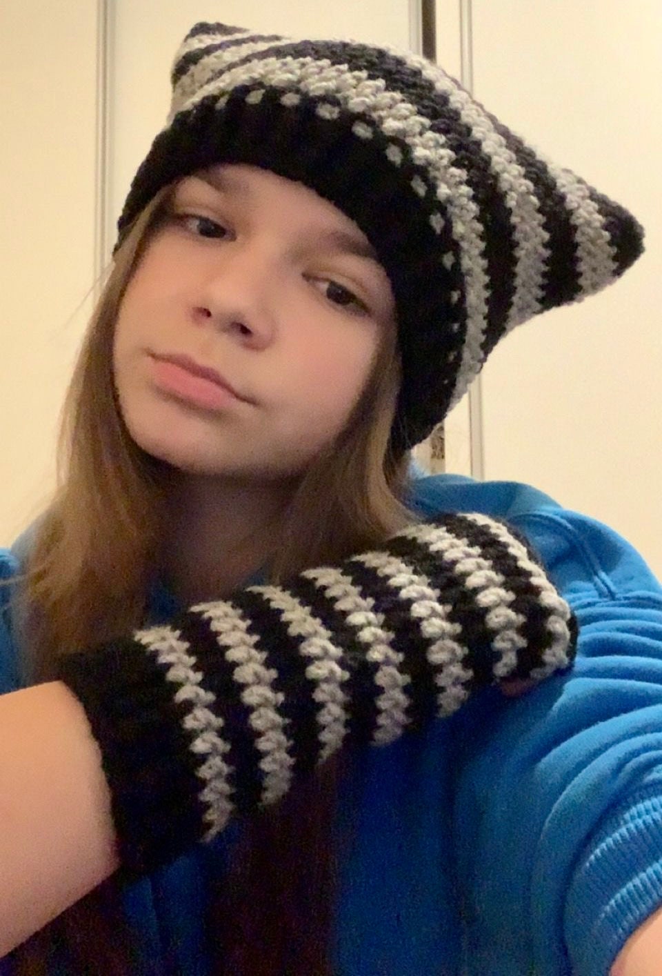 Striped Crochet Cat Ear Beanie: Handmade Wool-Blend Hat