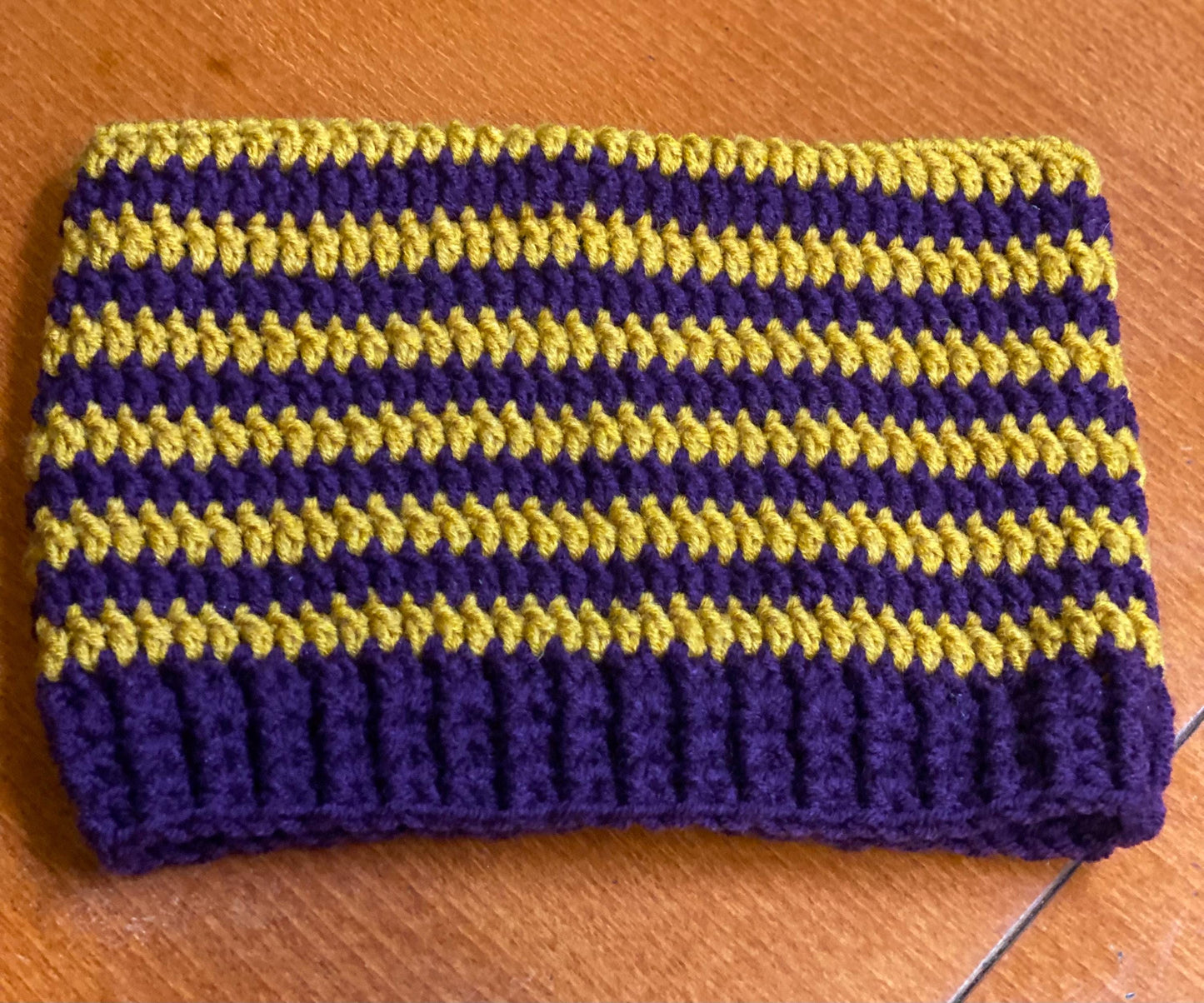 Crocheted Cat Ear Beanie: Plum & Yellow Striped Wool Blend