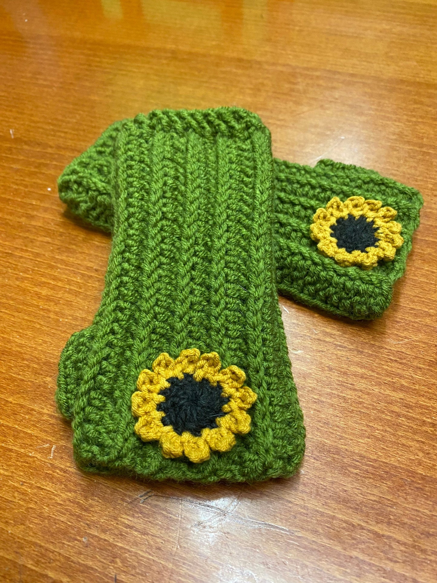 Crochet Sunflower Fingerless Gloves: Olive Green Handwarmers