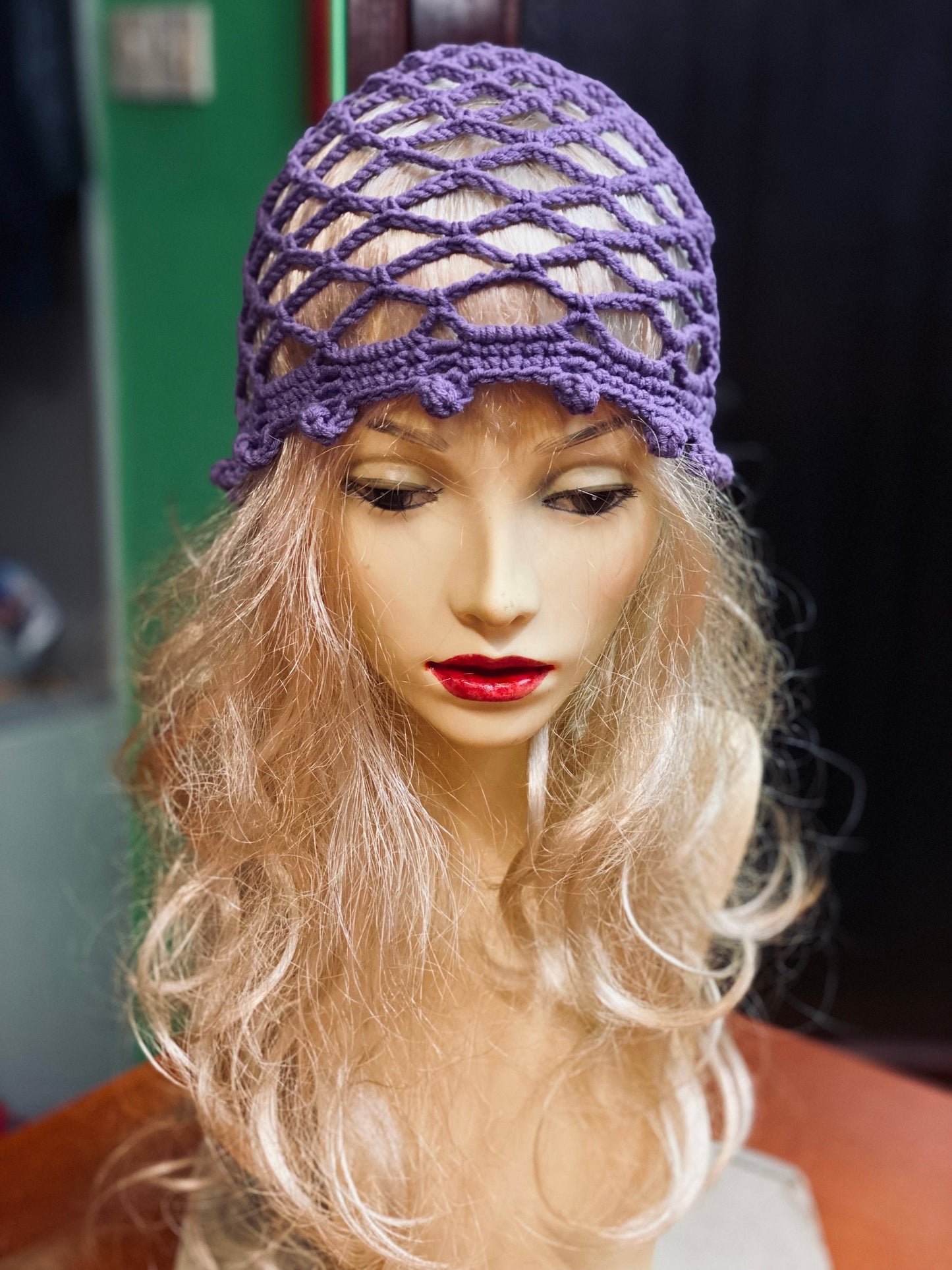 Purple Mesh beanie, netted mesh beanie, lilac crochet mesh hat, handmade mesh hat, handmade gift gift for her crochet web beanie