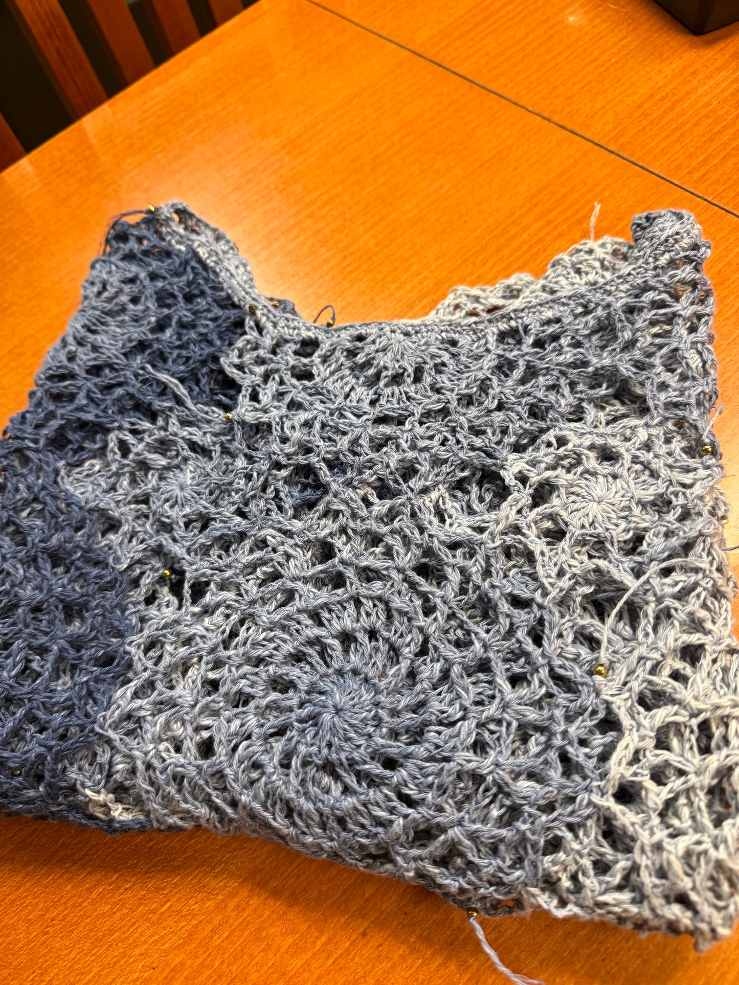 Crochet unique jeans blue Circle blouse, Hand-Crocheted Boho Blouse – Hemp & Cotton Blend with Hematite Accents