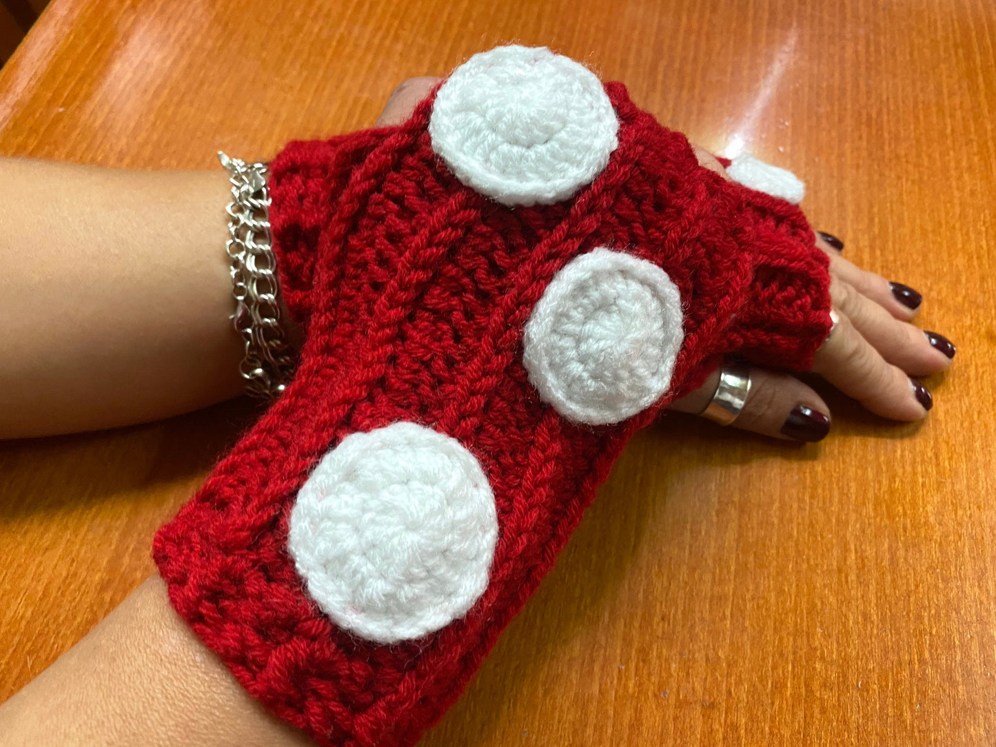 Crochet Mushroom Fingerless Gloves: Wool Blend Hand Warmers