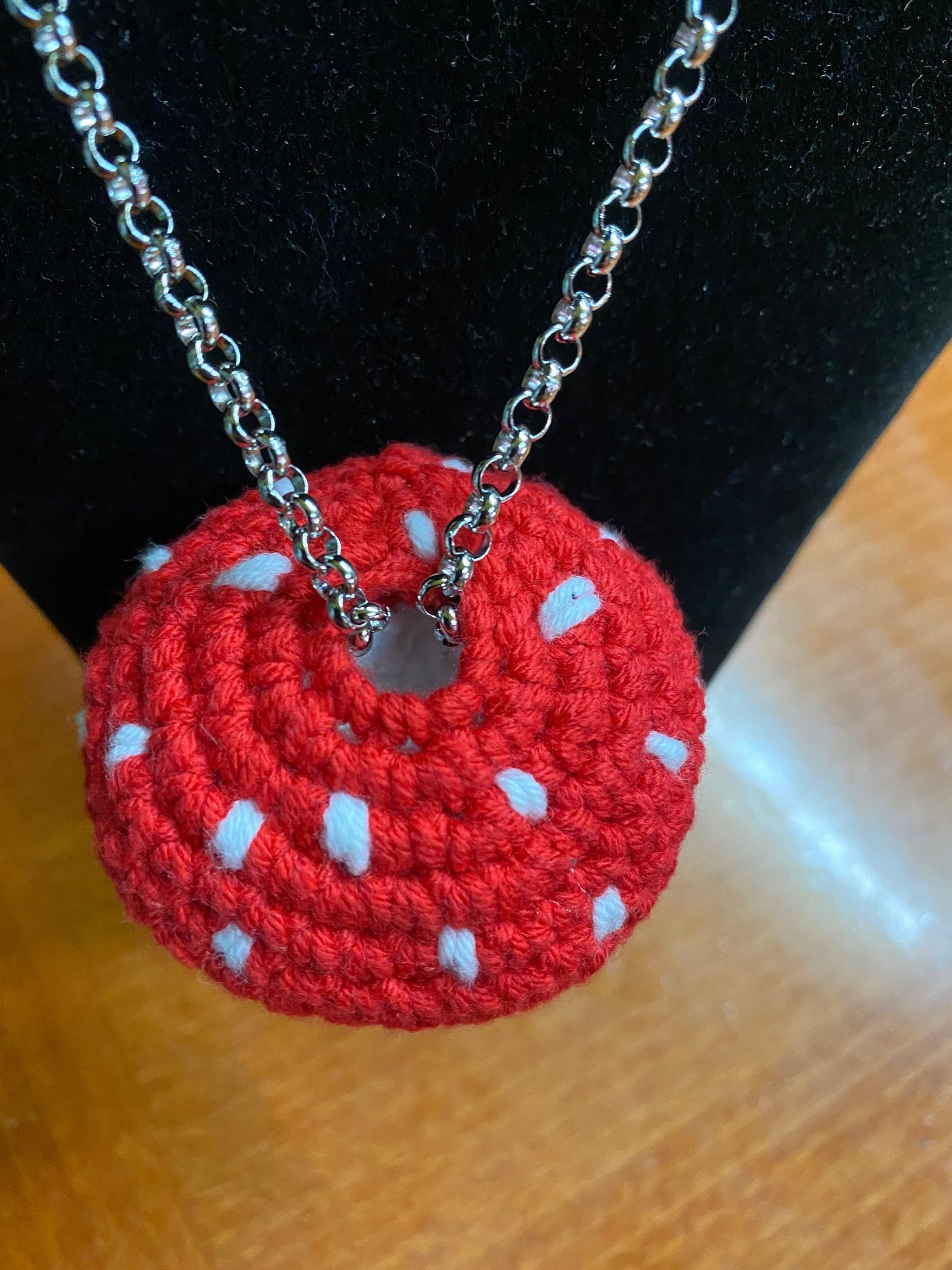 Crochet Mushroom Necklace: Handmade Cotton Blend Stainless Steel Chain