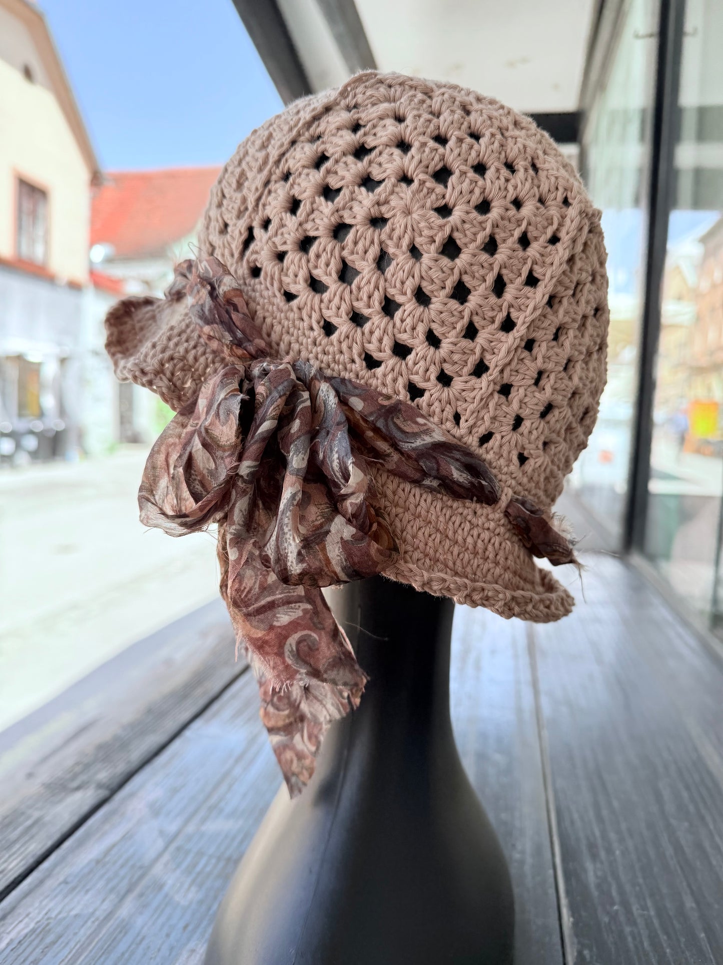 Crochet beige bucket Sun Hat,Handmade Cotton Hat, granny squere bucket hat