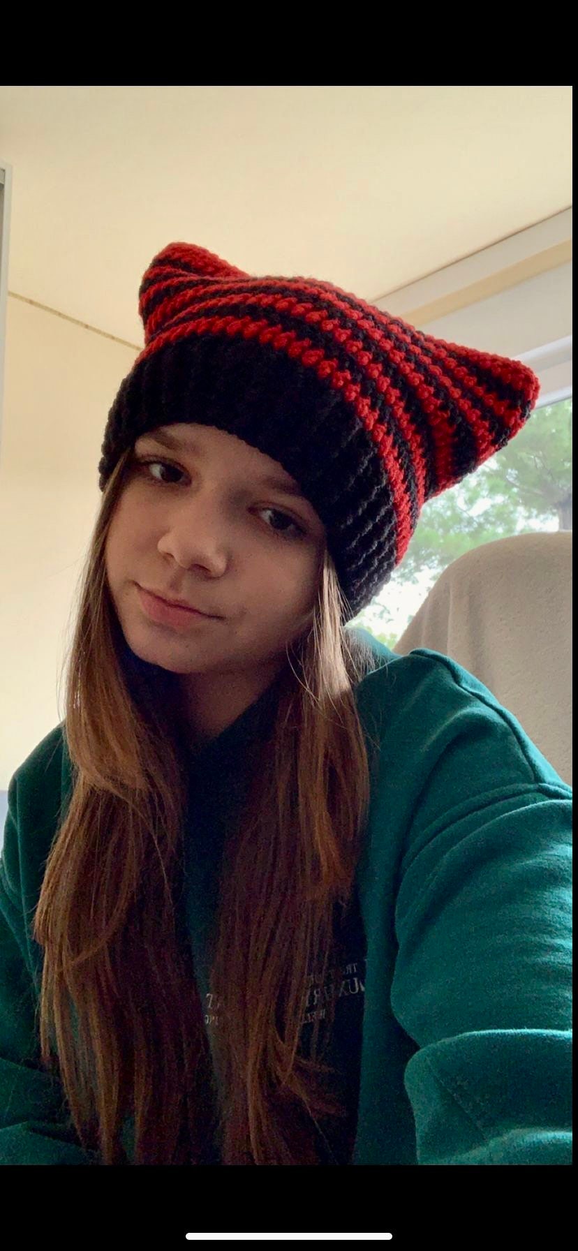 Crochet Cat Ear Beanie: Striped Wool-Blend Handmade Hat