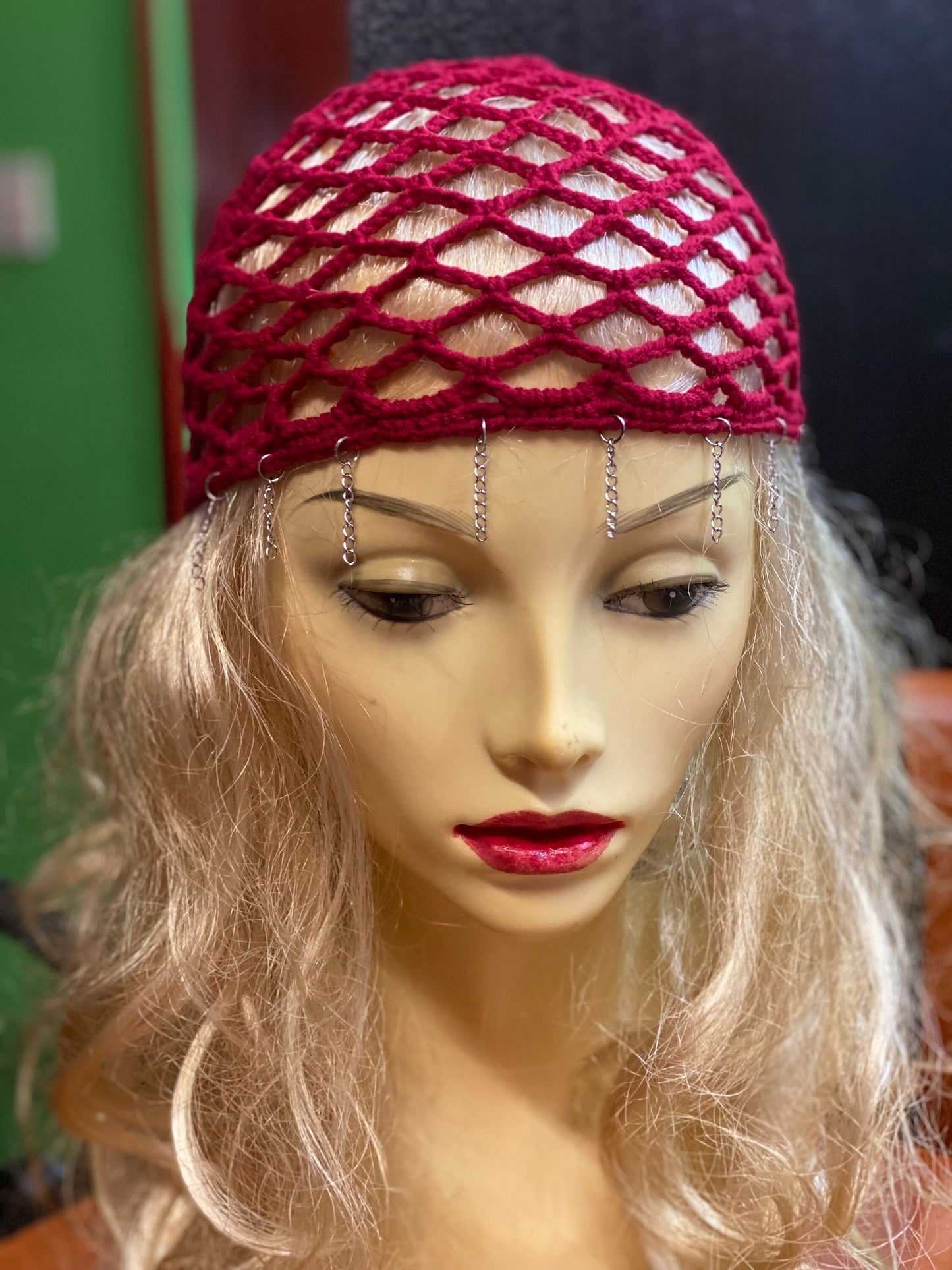 Crochet Mesh beanie, netted mesh beanie, crochet mesh hat, handmade mesh hat, handmade gift, red beanie, cap with chain bangs