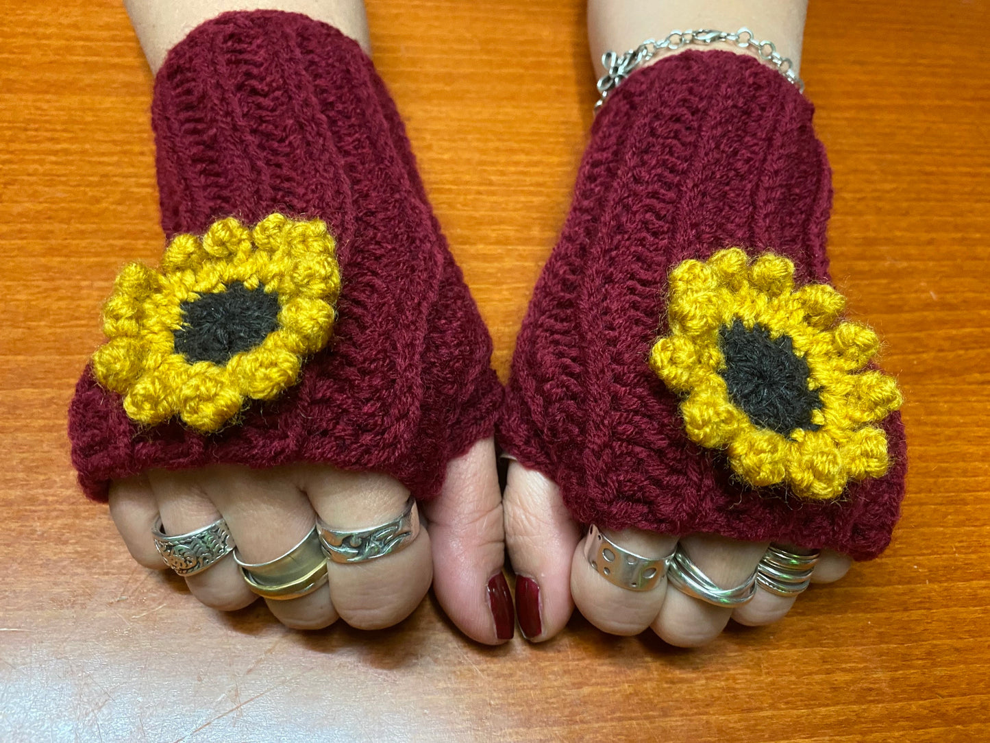 Crochet Sunflower Gloves: Burgundy Wool Blend Hand Warmers