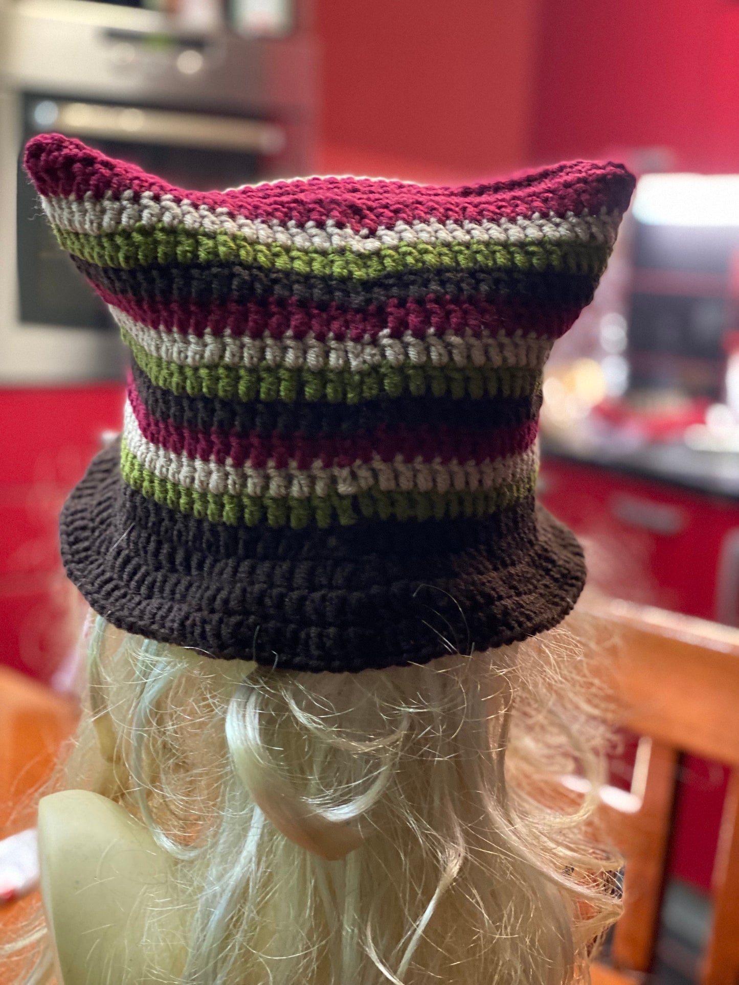 Crochet Cat Ears Bucket hat, striped earthy tones hat, striped winter bonnet, handmade striped kitty hat, grunge style hat, cat ears hat