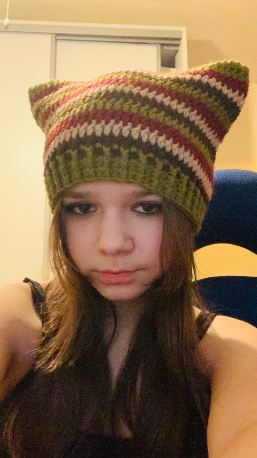 Crochet Cat Ears Beanie: Striped Wool-Blend Hat