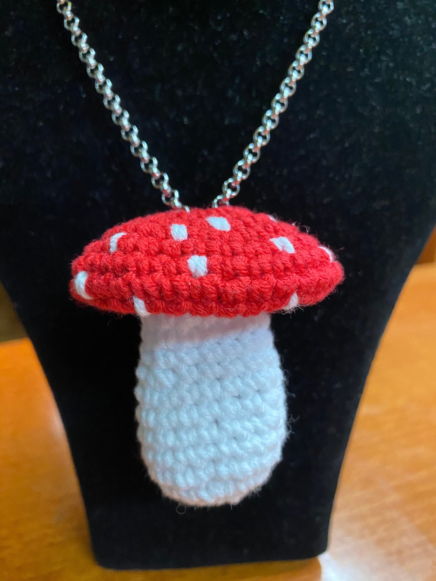 Crochet Mushroom Necklace: Handmade Cotton Blend Stainless Steel Chain