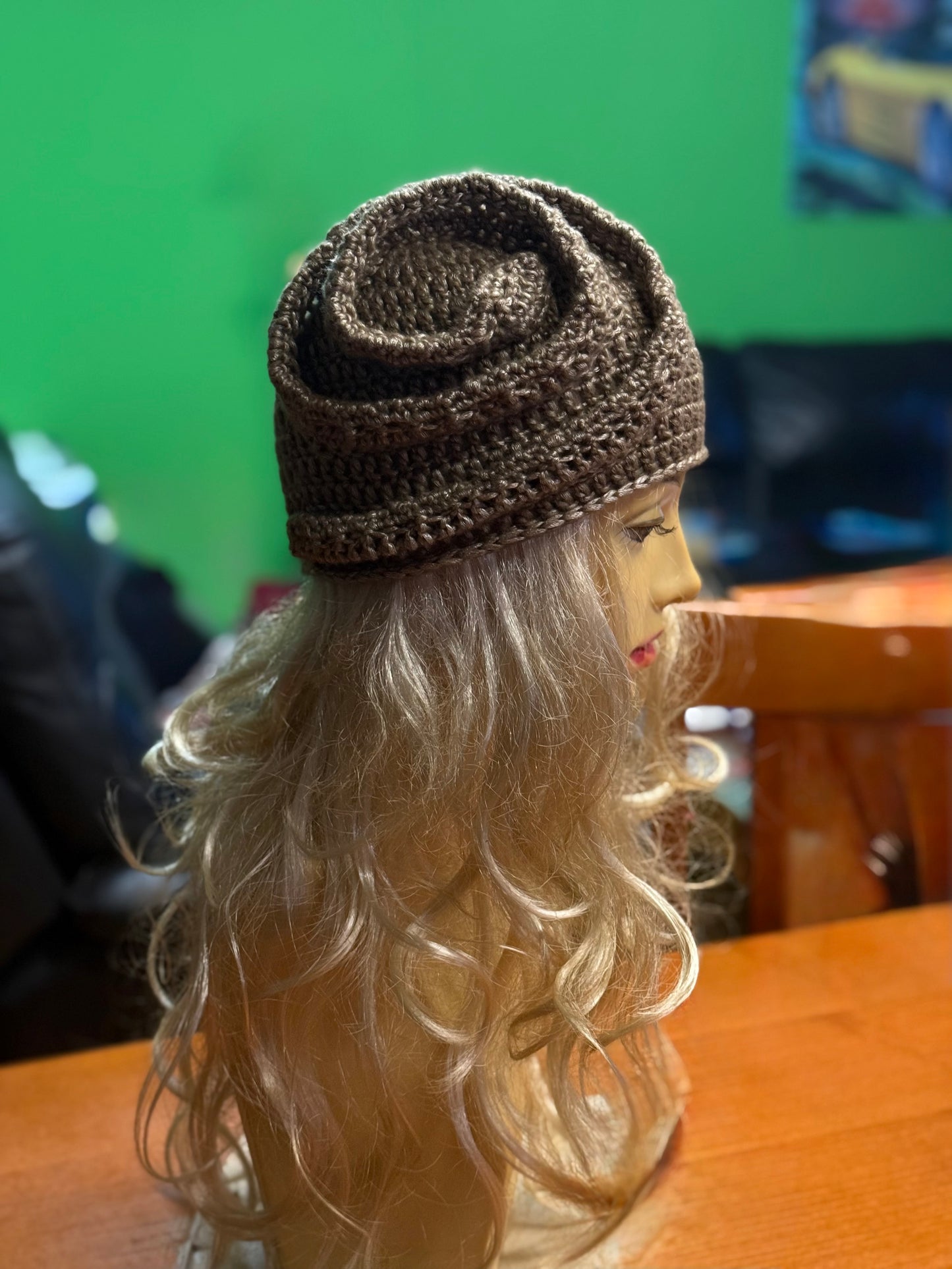 Beige-gold Crochet Snail Hat – Handmade Spiral Beanie, snake hat, Winter Cloche