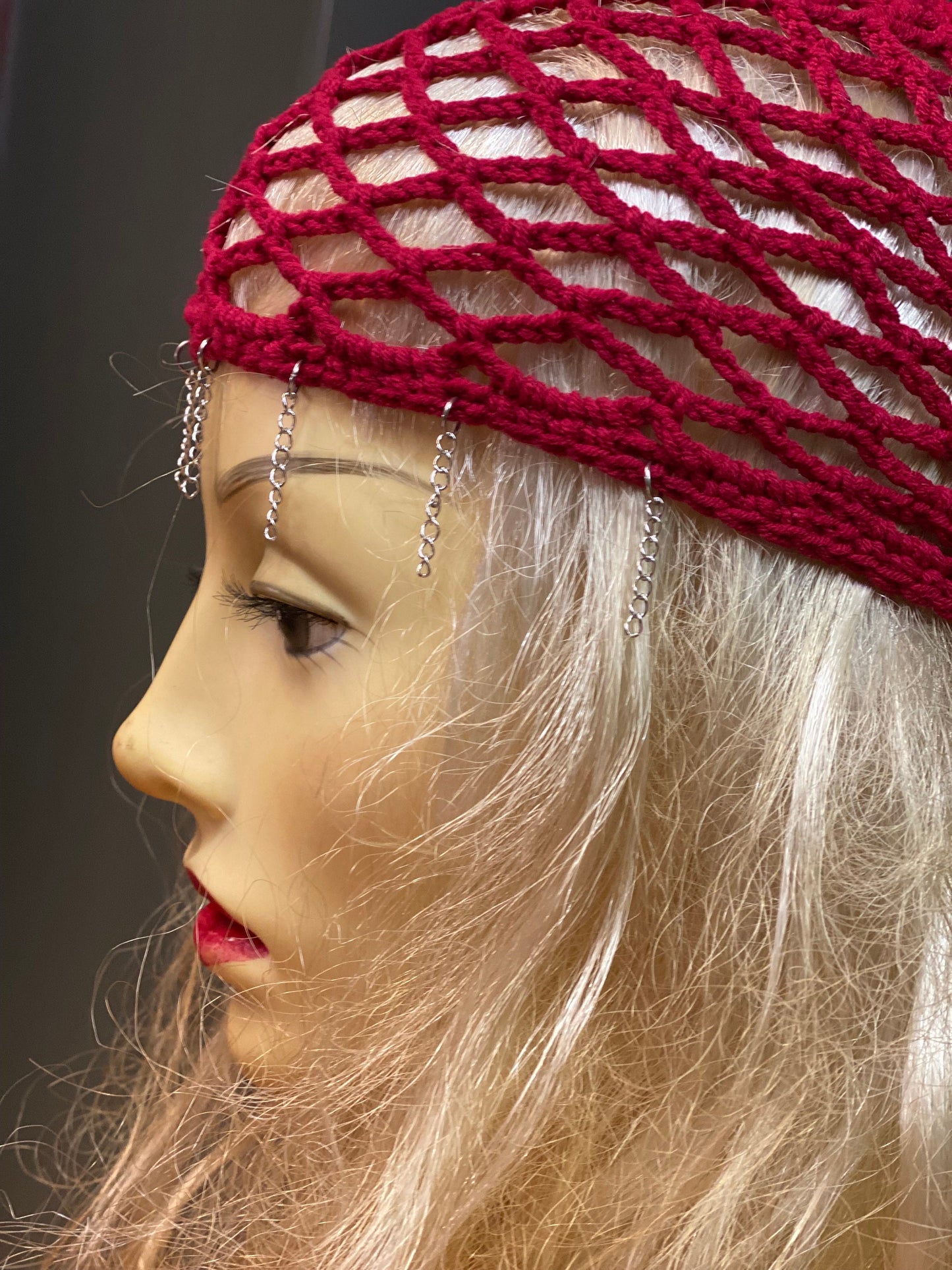 Crochet Mesh beanie, netted mesh beanie, crochet mesh hat, handmade mesh hat, handmade gift, red beanie, cap with chain bangs