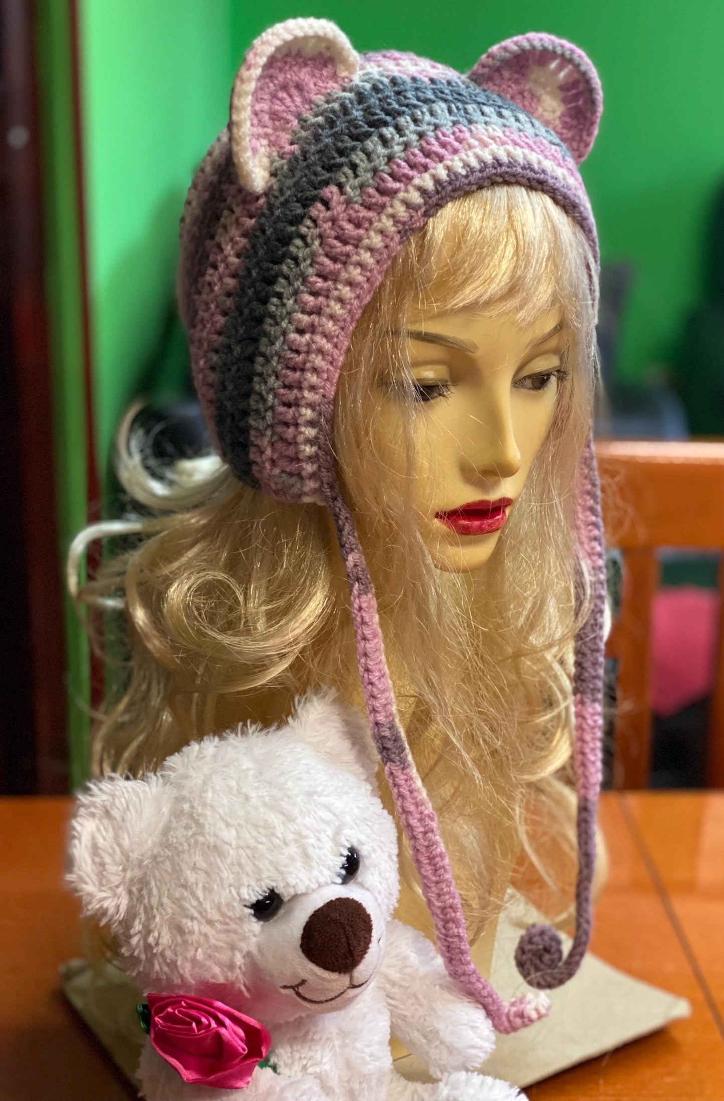 Handmade  Bear Ear Bonnet with Ties, Crochet Animal Ear Beanie, Gothic Aesthetic Winter Hat, Cute Bear Ear Hood with Tassels, Coquette