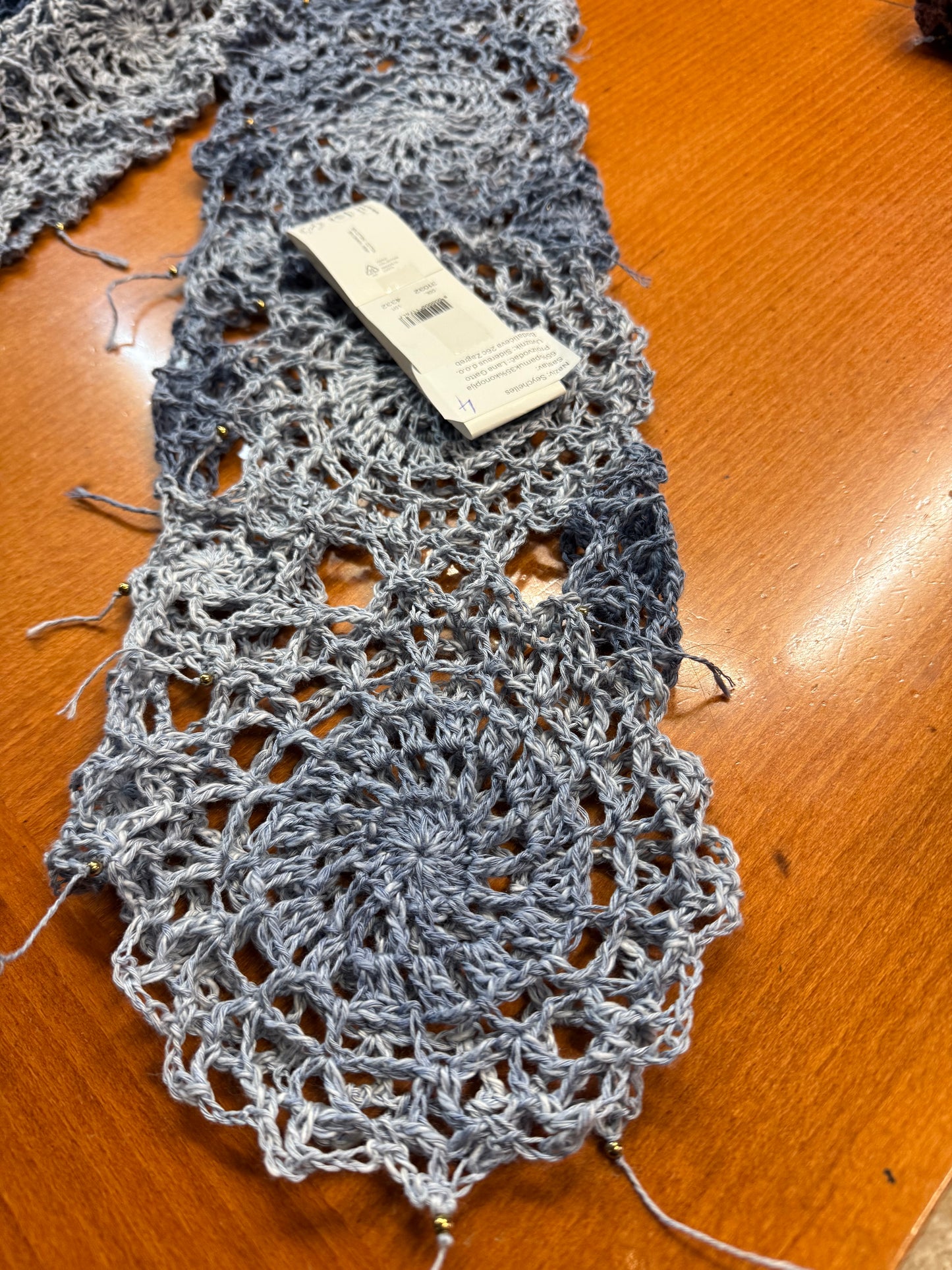 Crochet unique jeans blue Circle blouse, Hand-Crocheted Boho Blouse – Hemp & Cotton Blend with Hematite Accents