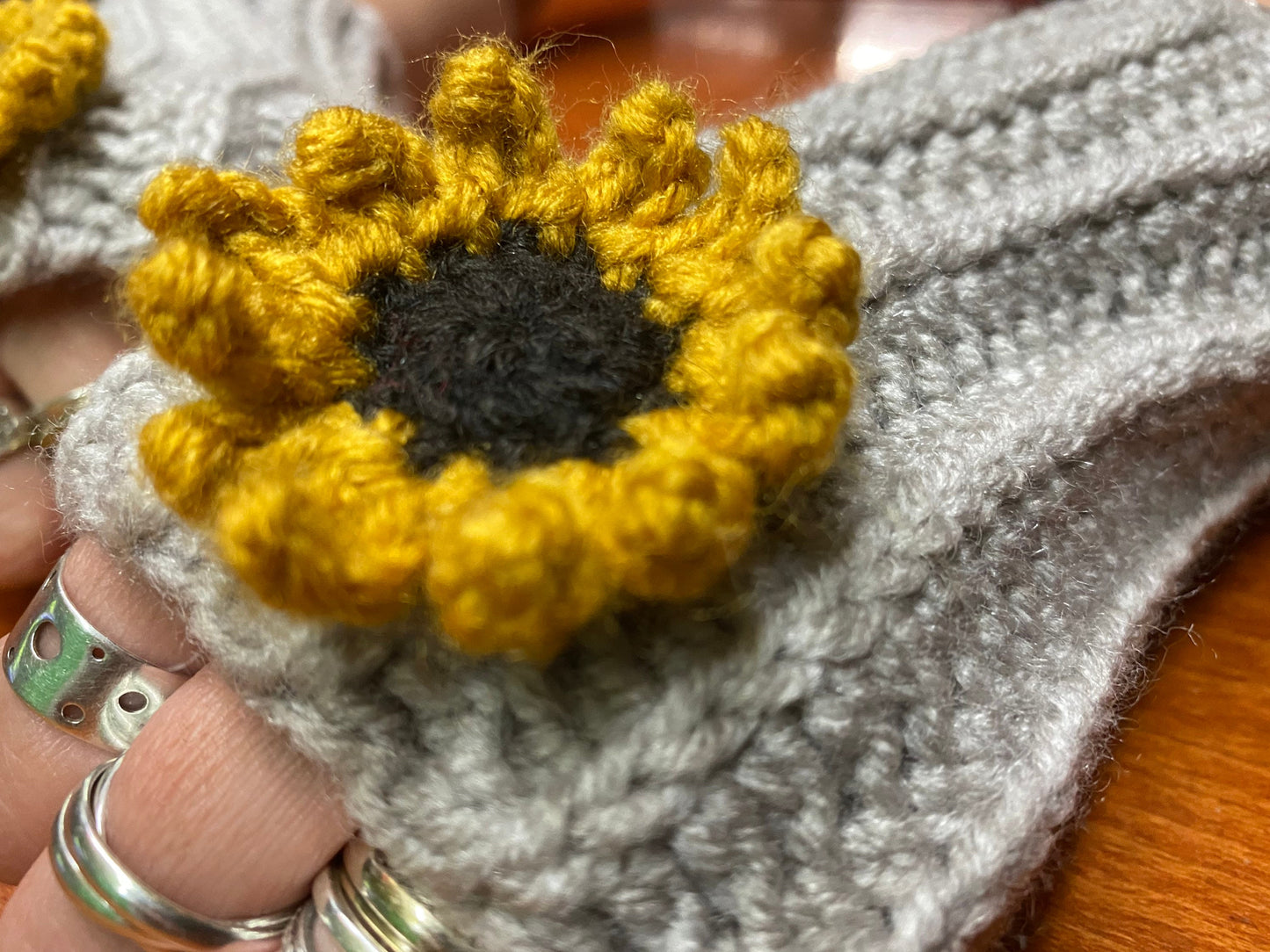 Crochet Sunflower Fingerless Gloves: Wool Blend Hand Warmers