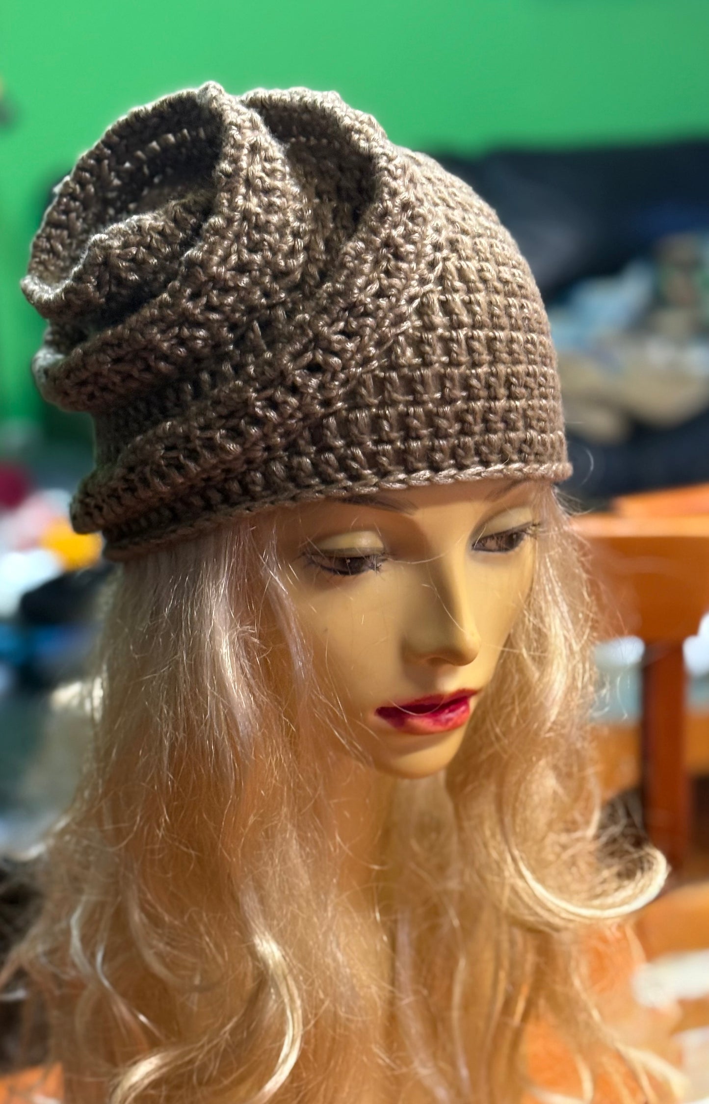 Beige-gold Crochet Snail Hat – Handmade Spiral Beanie, snake hat, Winter Cloche