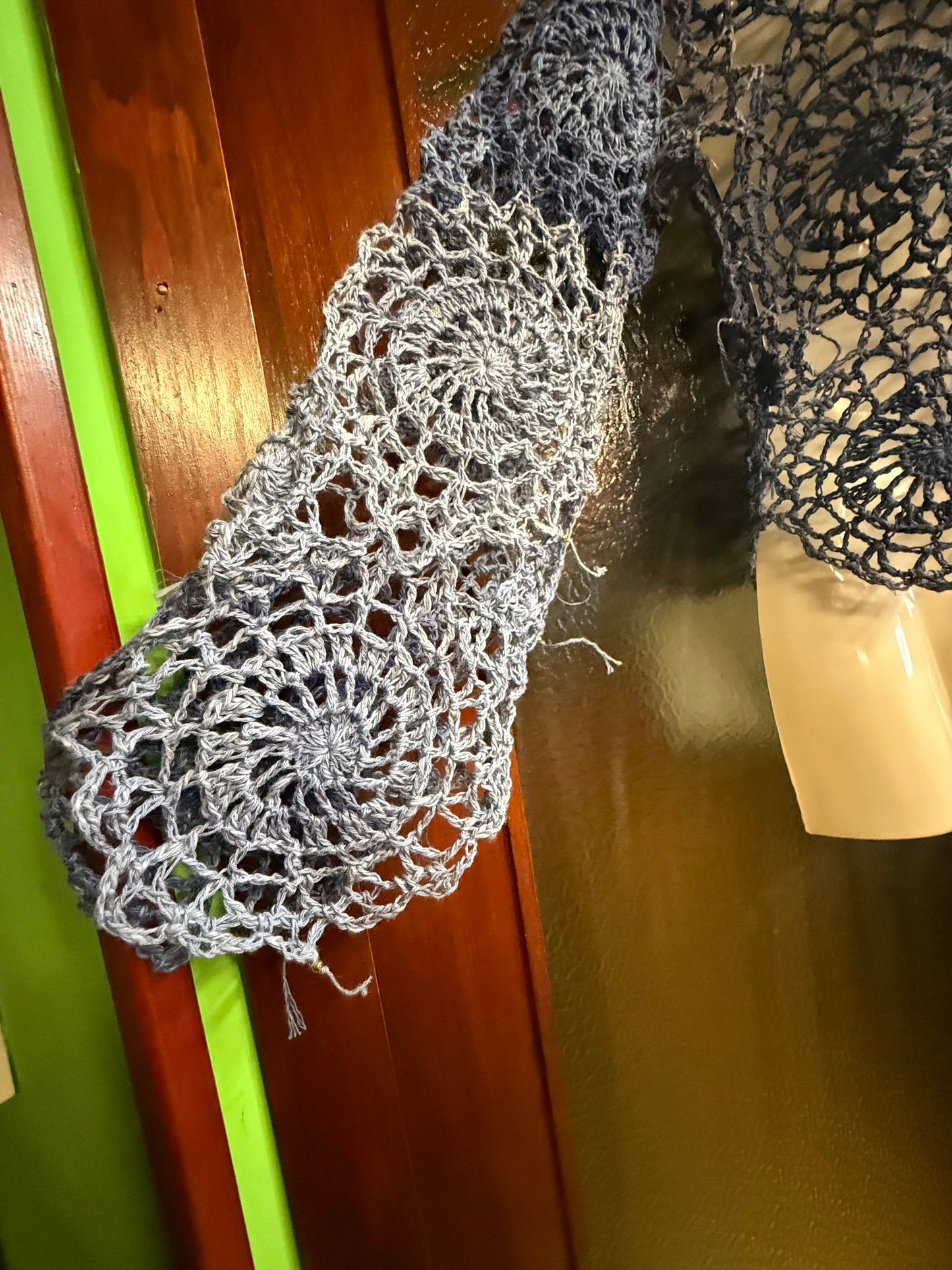 Crochet unique jeans blue Circle blouse, Hand-Crocheted Boho Blouse – Hemp & Cotton Blend with Hematite Accents