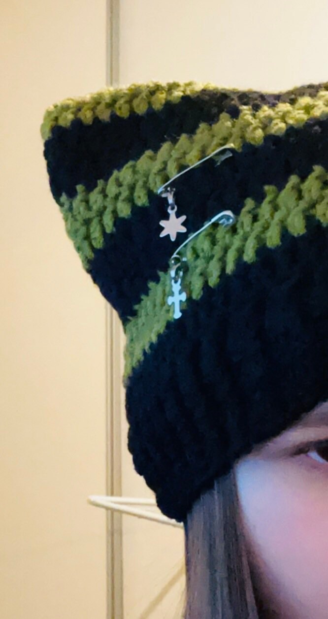 Cat chain beanie, custom Cat beanie, crochet cat ear pins beanie, cat hat, cat ears beanie with chain, star and cross, handmade gift