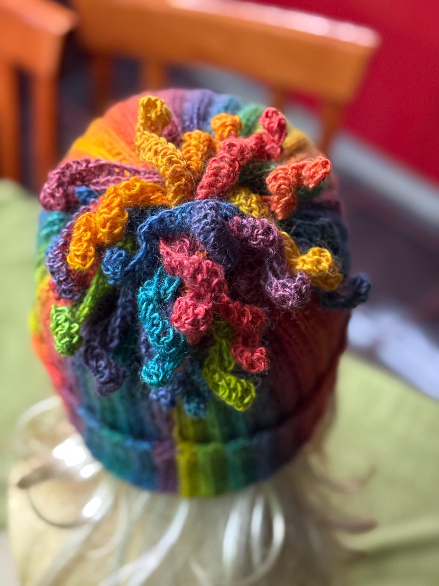 Crochet Rainbow Hat, Colorful Winter Beanie, Unique Spiral Pom Pom Hat, Handmade Gift for Her, Vibrant Boho Winter Accessory, Wool Knit hat