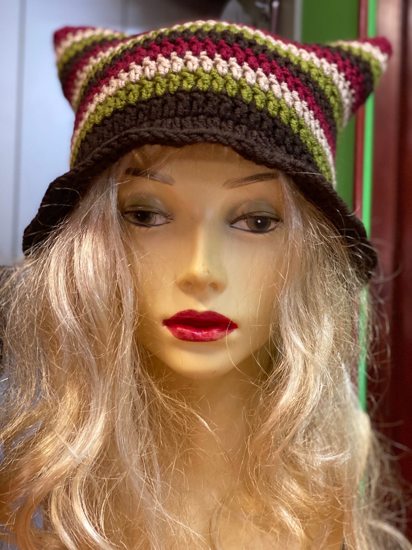 Handmade Crochet Cat Ears Beanie, earthy tones aesthetic beanie, bucket striped kitty hat, handmade kitty hat, striped winter bonnet