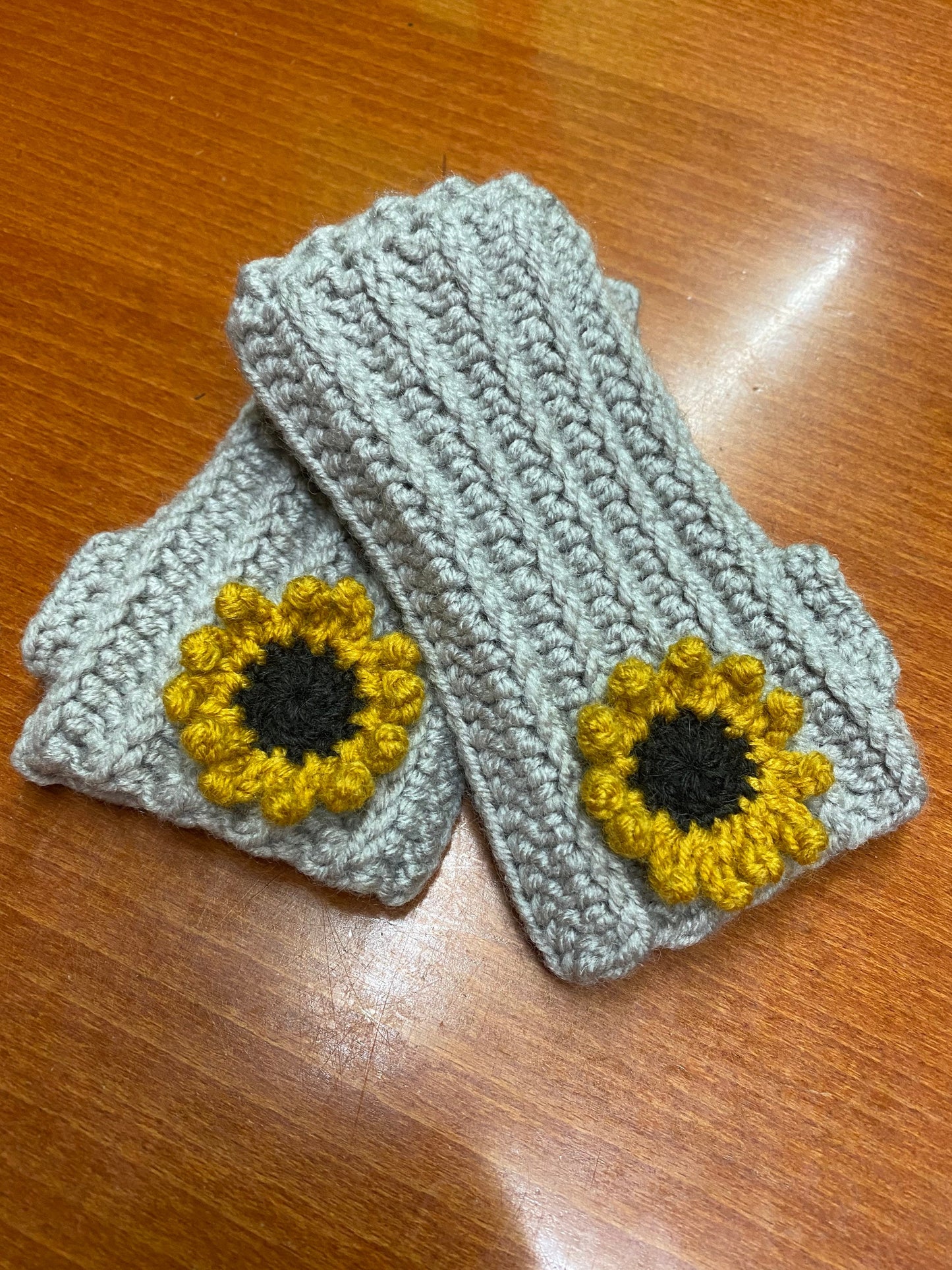 Crochet Sunflower Fingerless Gloves: Wool Blend Hand Warmers