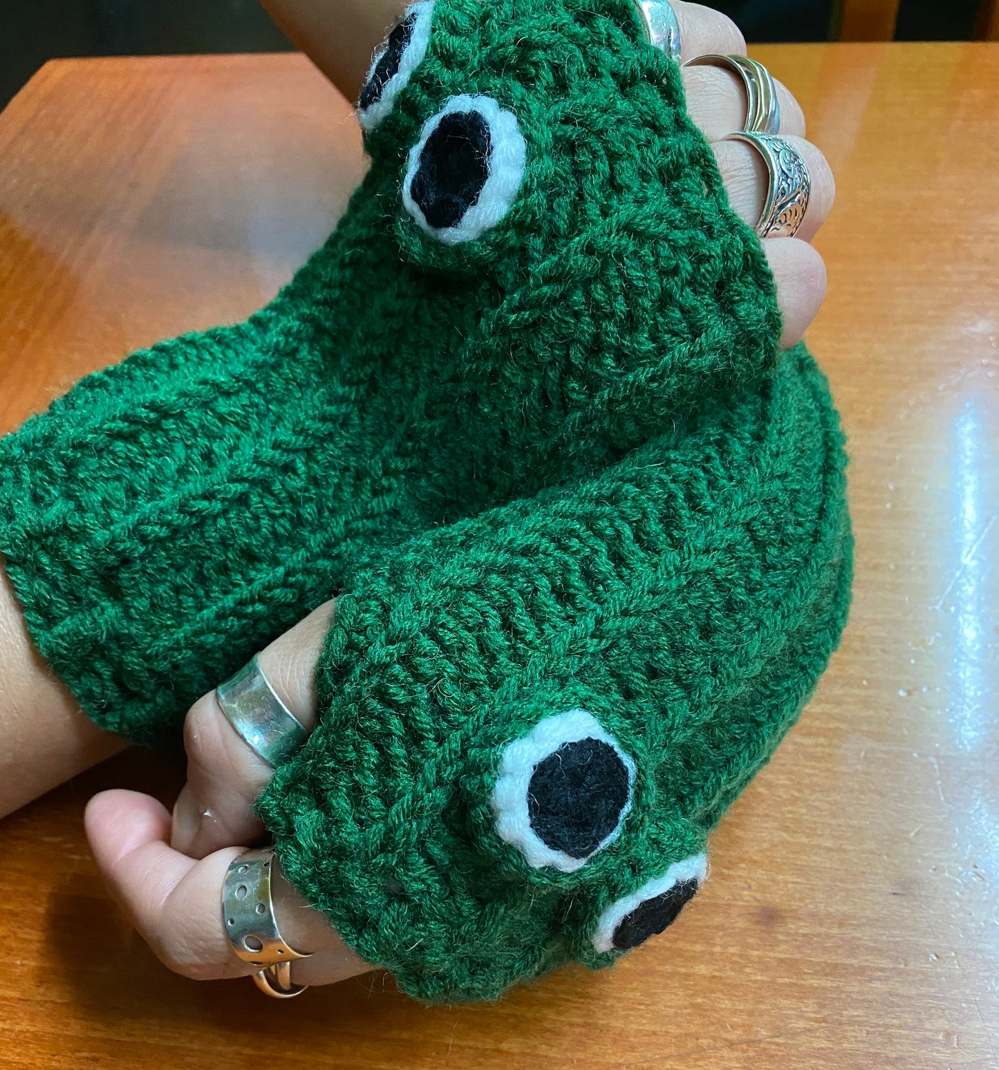 Crochet Frog Fingerless Gloves: Handmade Wool Blend Hand Warmers