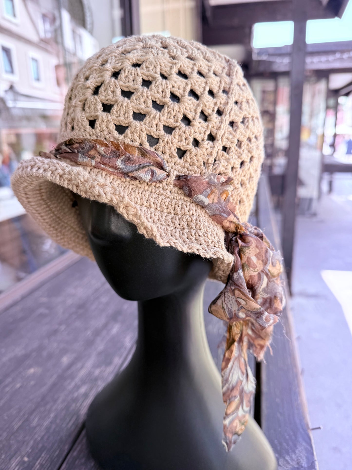 Crochet beige bucket Sun Hat,Handmade Cotton Hat, granny squere bucket hat