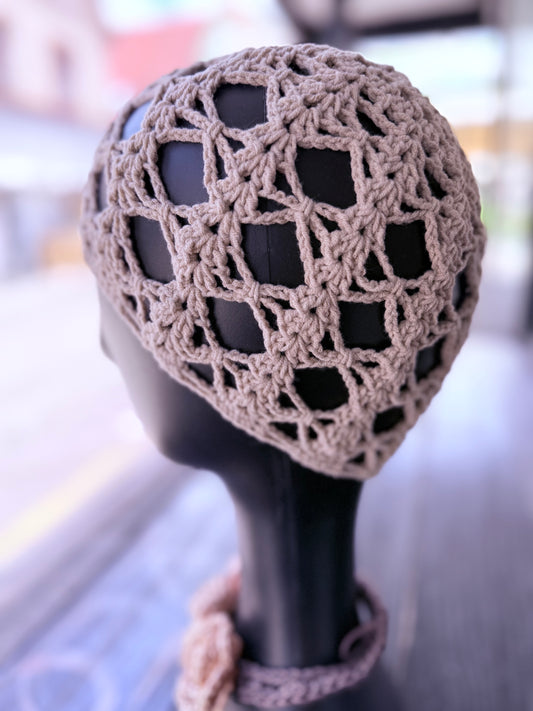 Mesh crochet beige beanie, handmade crochet hat