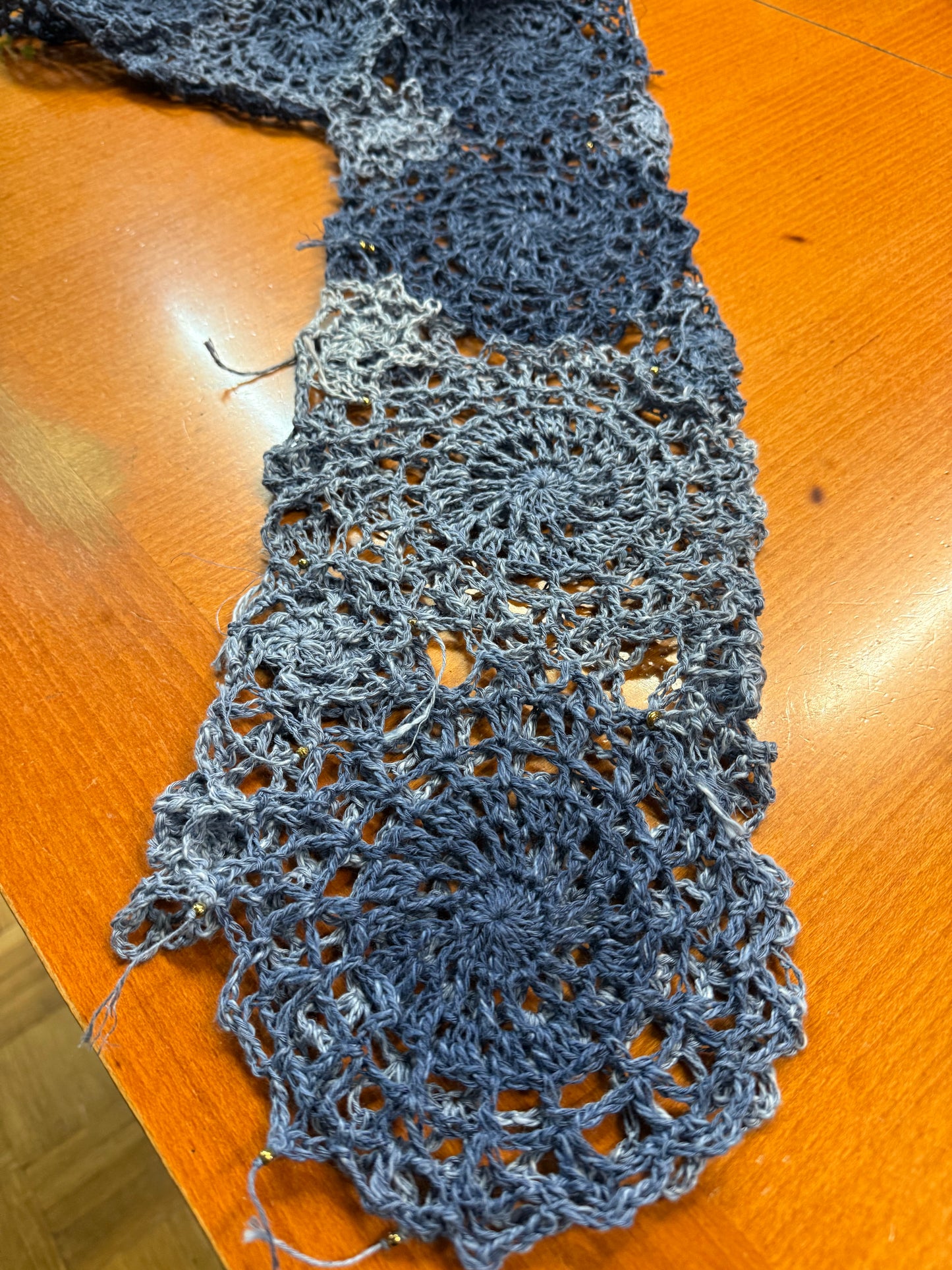 Crochet unique jeans blue Circle blouse, Hand-Crocheted Boho Blouse – Hemp & Cotton Blend with Hematite Accents
