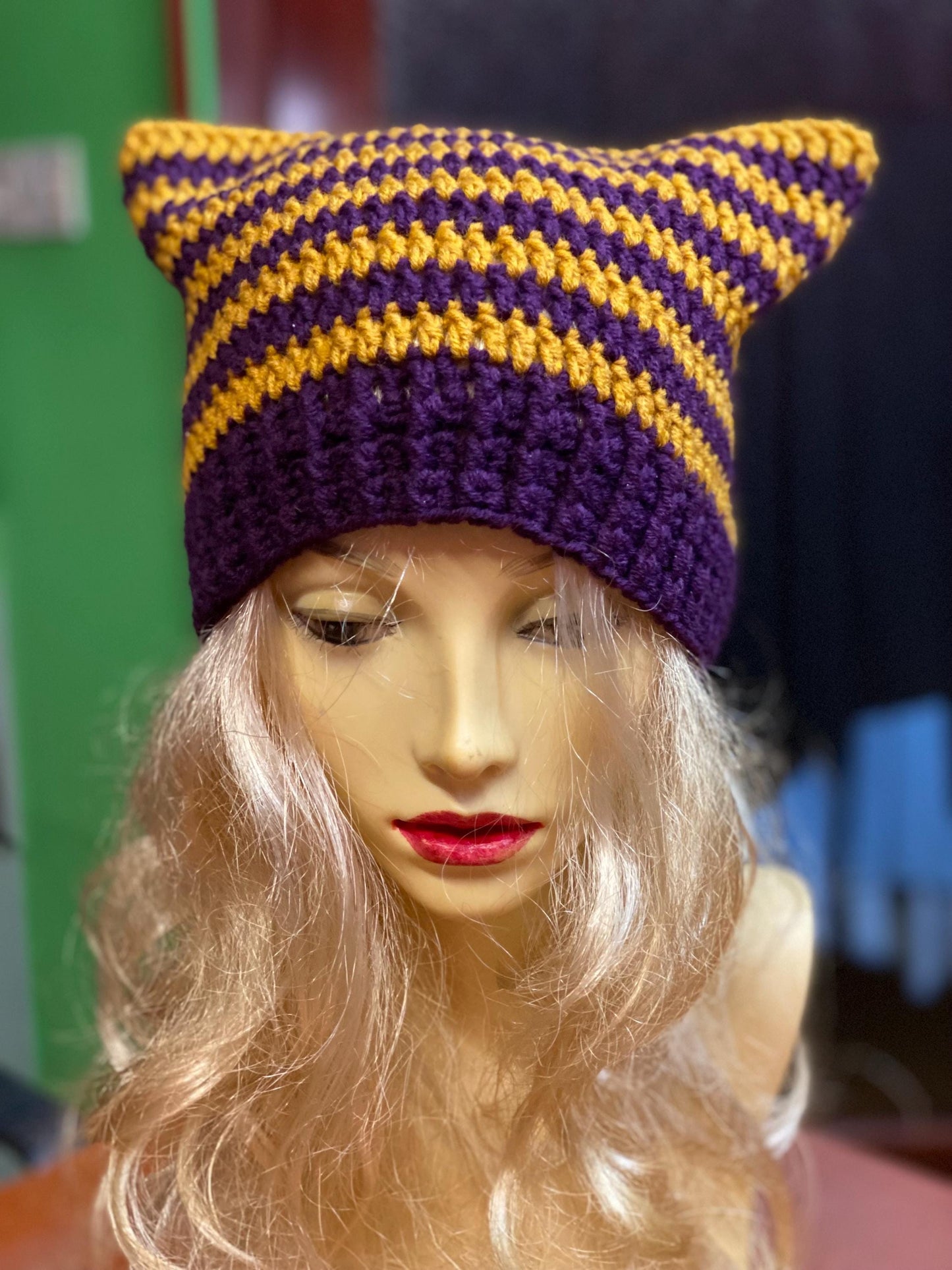 Crocheted Cat Ear Beanie: Plum & Yellow Striped Wool Blend