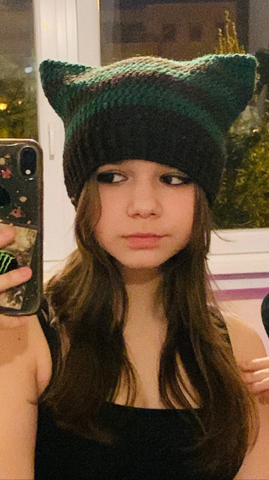 Handmade Crochet Cat Ear Beanie: Striped Wool-Acrylic Hat