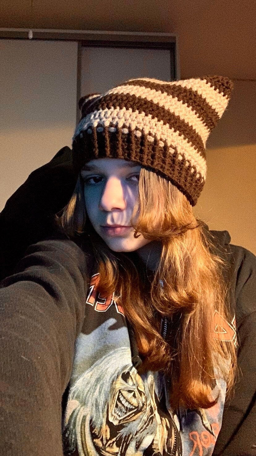 Striped Crochet Cat Ears Beanie: Handmade Wool Blend Hat
