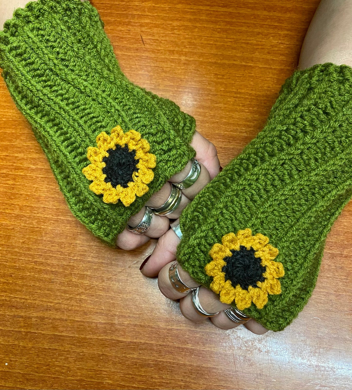 Crochet Sunflower Fingerless Gloves: Olive Green Handwarmers