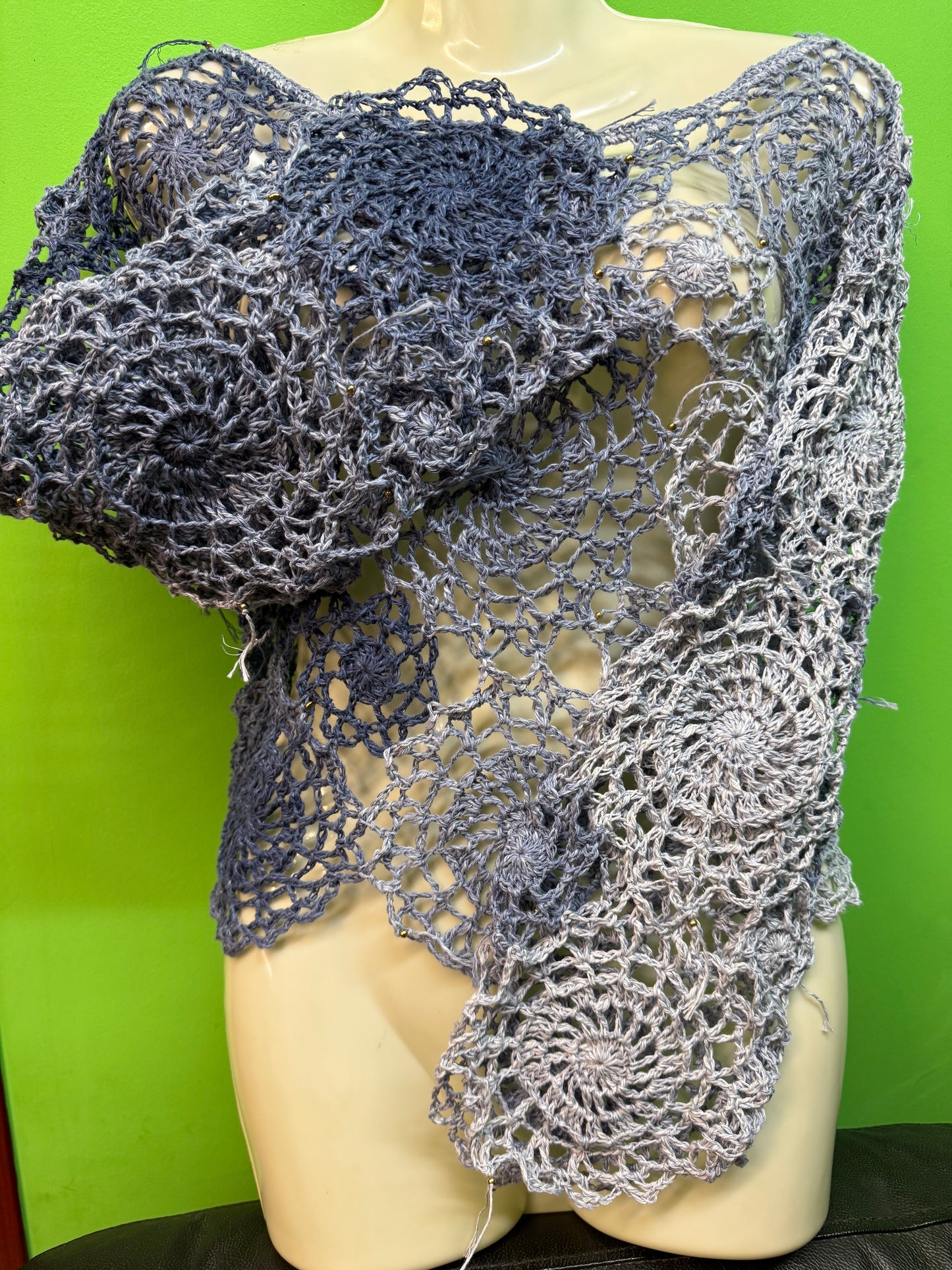 Crochet unique jeans blue Circle blouse, Hand-Crocheted Boho Blouse – Hemp & Cotton Blend with Hematite Accents