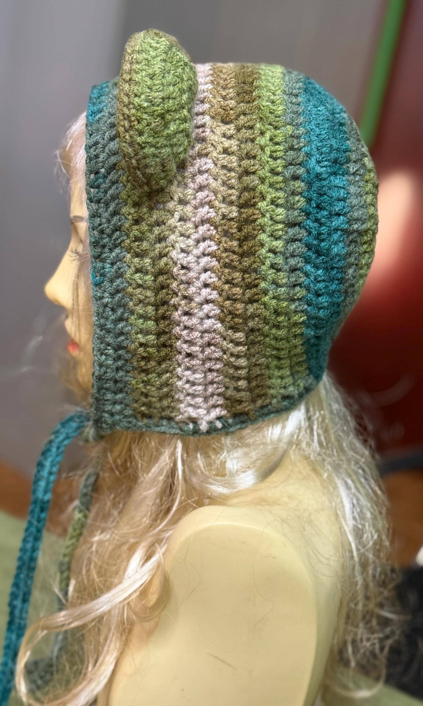 Crochet Bear Ear Bonnet with Ties, Sage Green Mossy Animal Hood, Forest Core Aesthetic Winter Hat, Handmade Bear Beanie with Pom Poms, Woodl