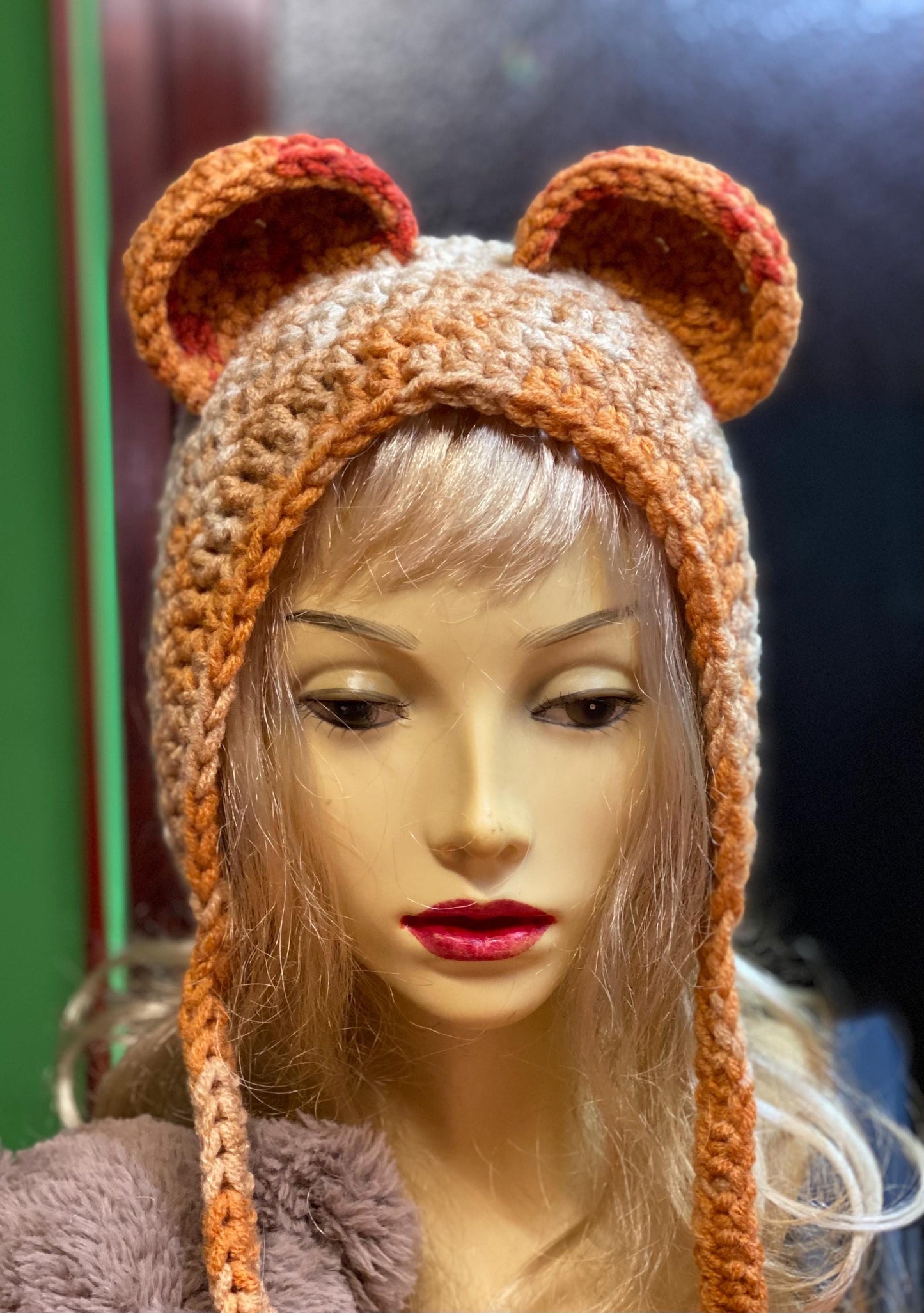 Handmade Black Bear Ear Bonnet with Ties, Crochet Animal Ear Beanie, Gothic Aesthetic Winter Hat, Cute Bear Ear Hood with Tassels, Coquette