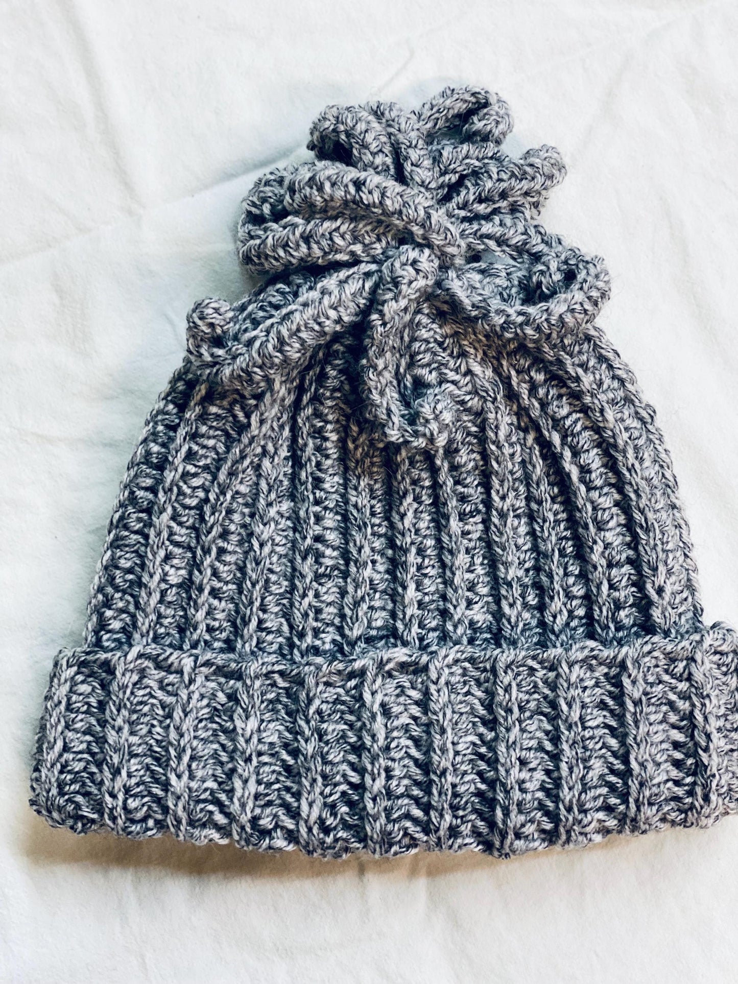 Grey Melange Spiral Crochet Beanie – Handmade Warm Winter Hat with Unique Twists, bobble hat