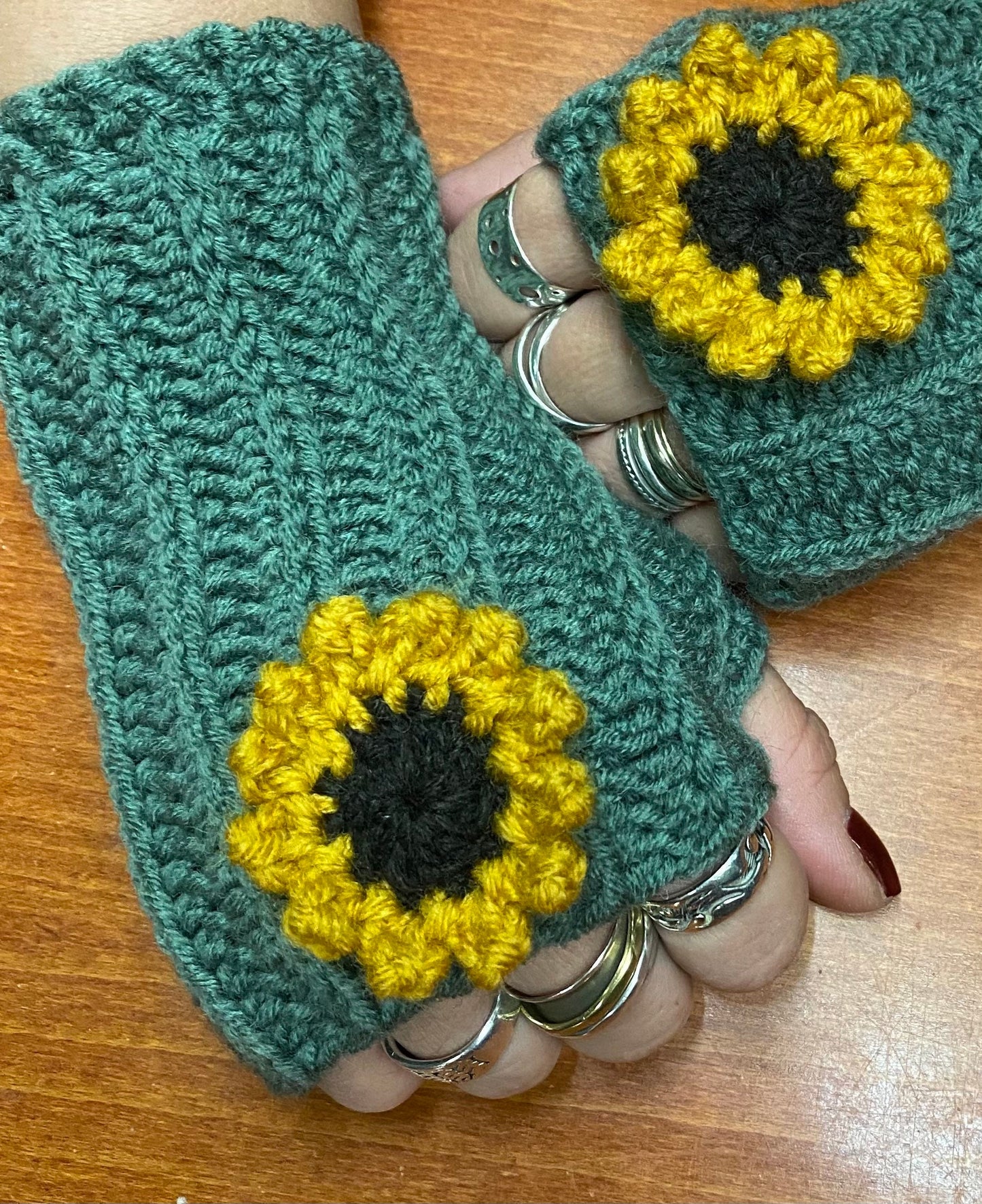 Crochet Sunflower Hand Warmers: Blue-Green Wool Blend Gloves