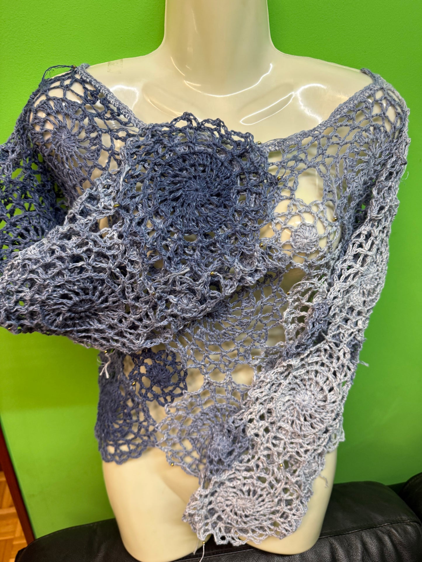 Crochet unique jeans blue Circle blouse, Hand-Crocheted Boho Blouse – Hemp & Cotton Blend with Hematite Accents