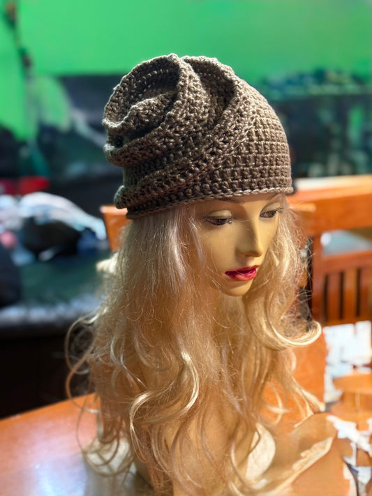 Beige-gold Crochet Snail Hat – Handmade Spiral Beanie, snake hat, Winter Cloche