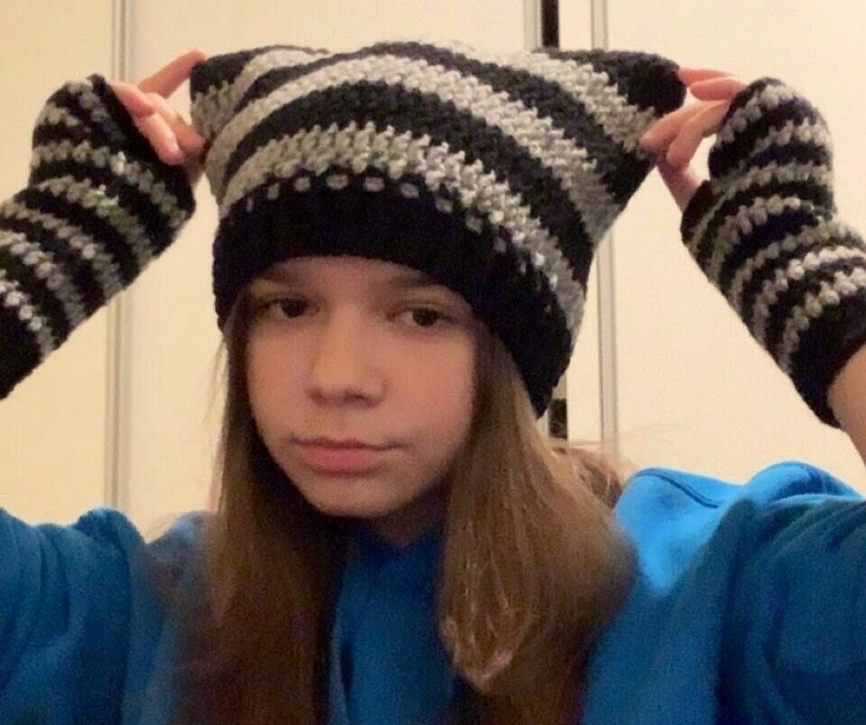 Striped Crochet Cat Ear Beanie: Handmade Wool-Blend Hat