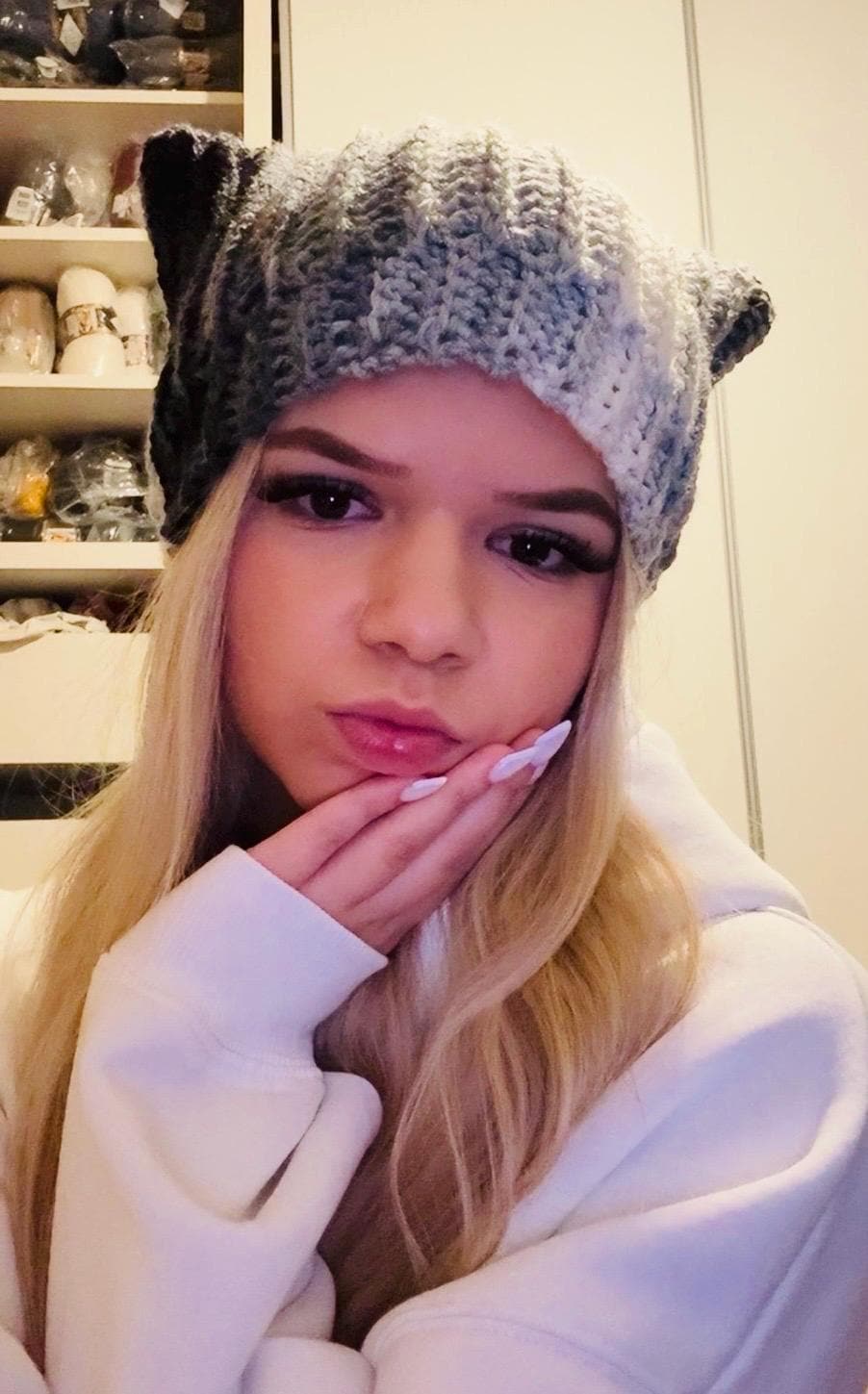 Crochet cat ear beanie, ombre striped square hat, y2k aesthetic winter cap, handmade aesthetic grunge hat, gray and white striped kitty hat