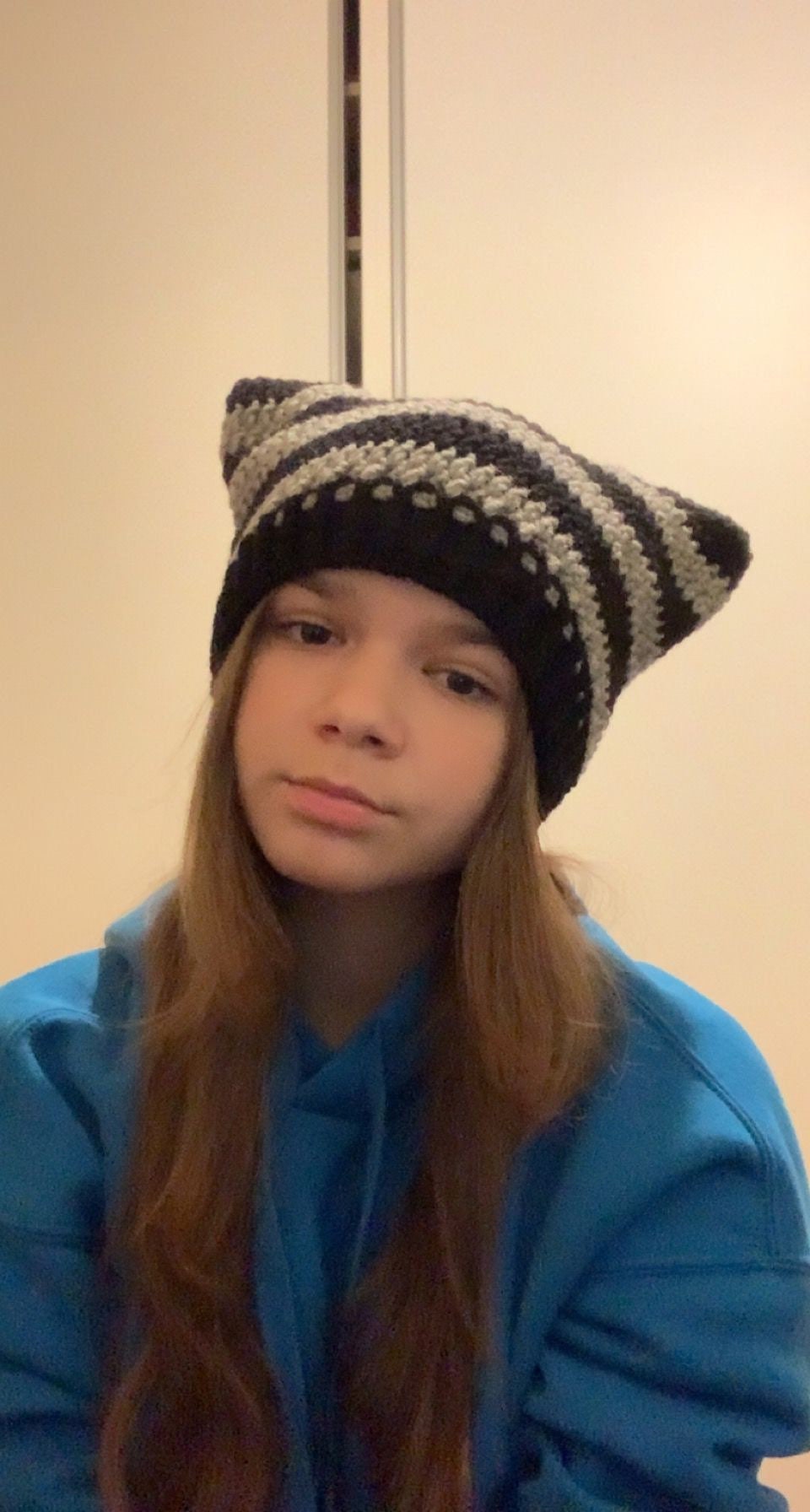 Striped Crochet Cat Ear Beanie: Handmade Wool-Blend Hat