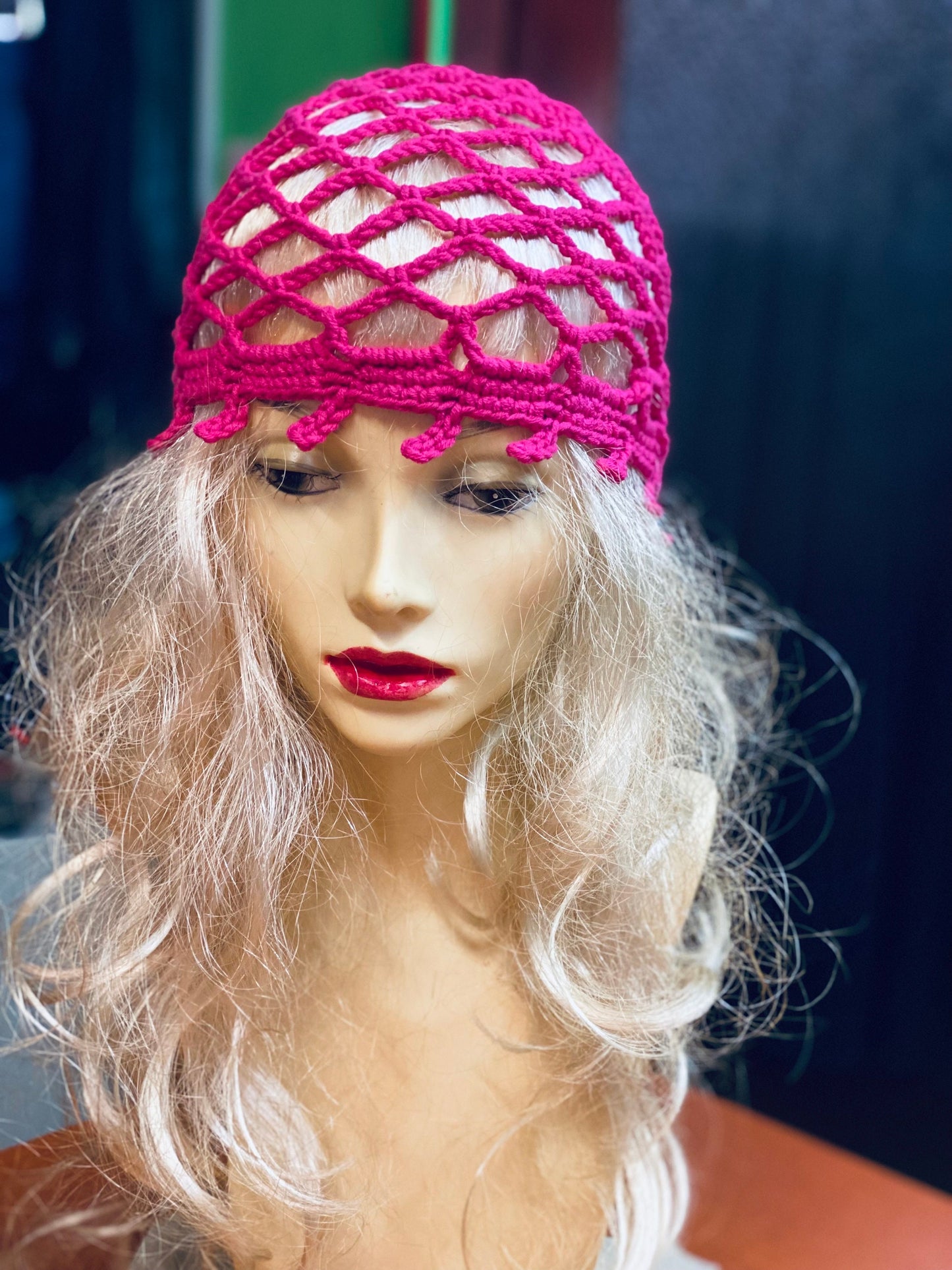Magenta Mesh beanie, crochet mesh beanie, pink crochet mesh hat, handmade mesh hat, handmade gift, crochet web beanie