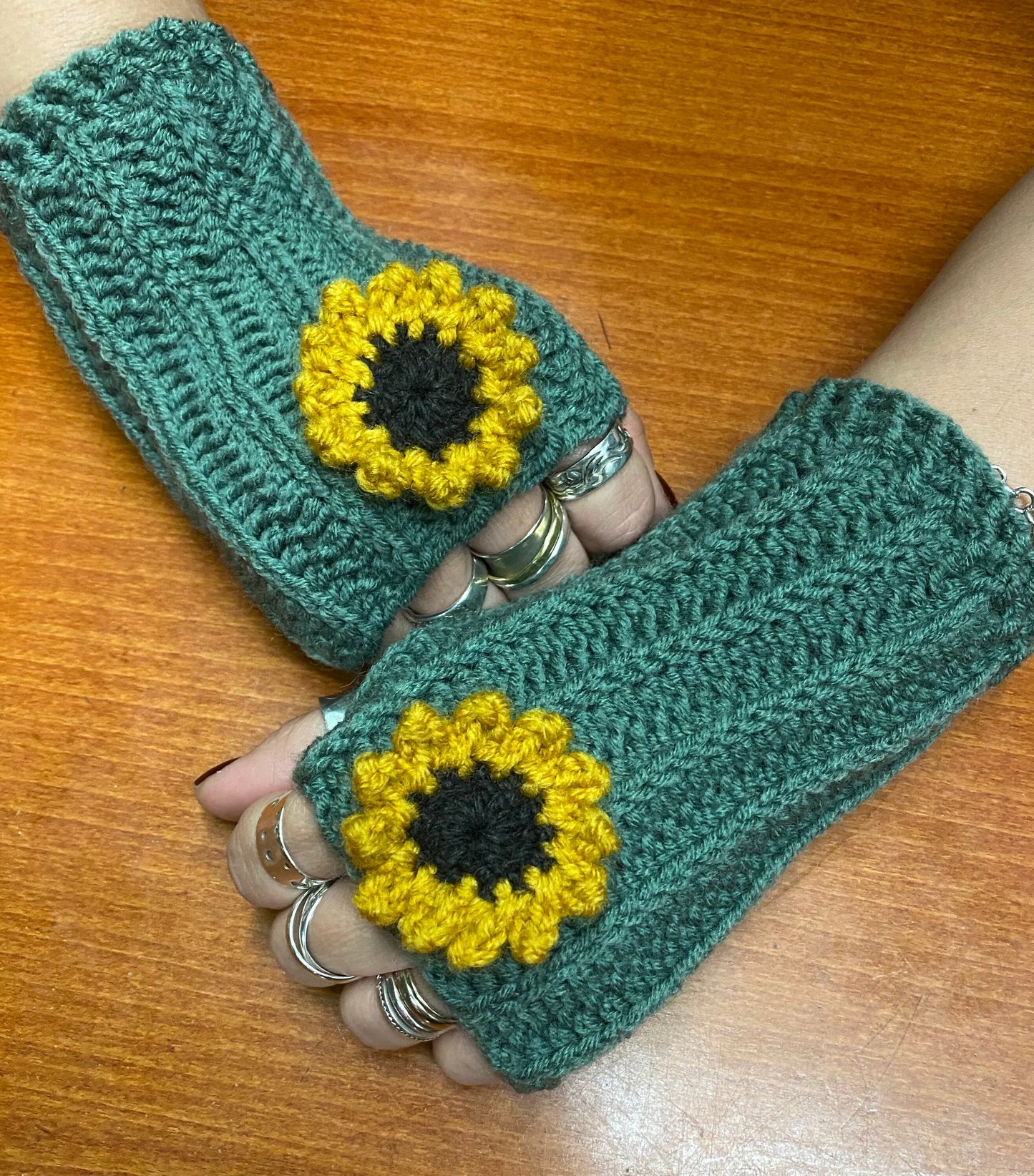 Crochet Sunflower Hand Warmers: Blue-Green Wool Blend Gloves