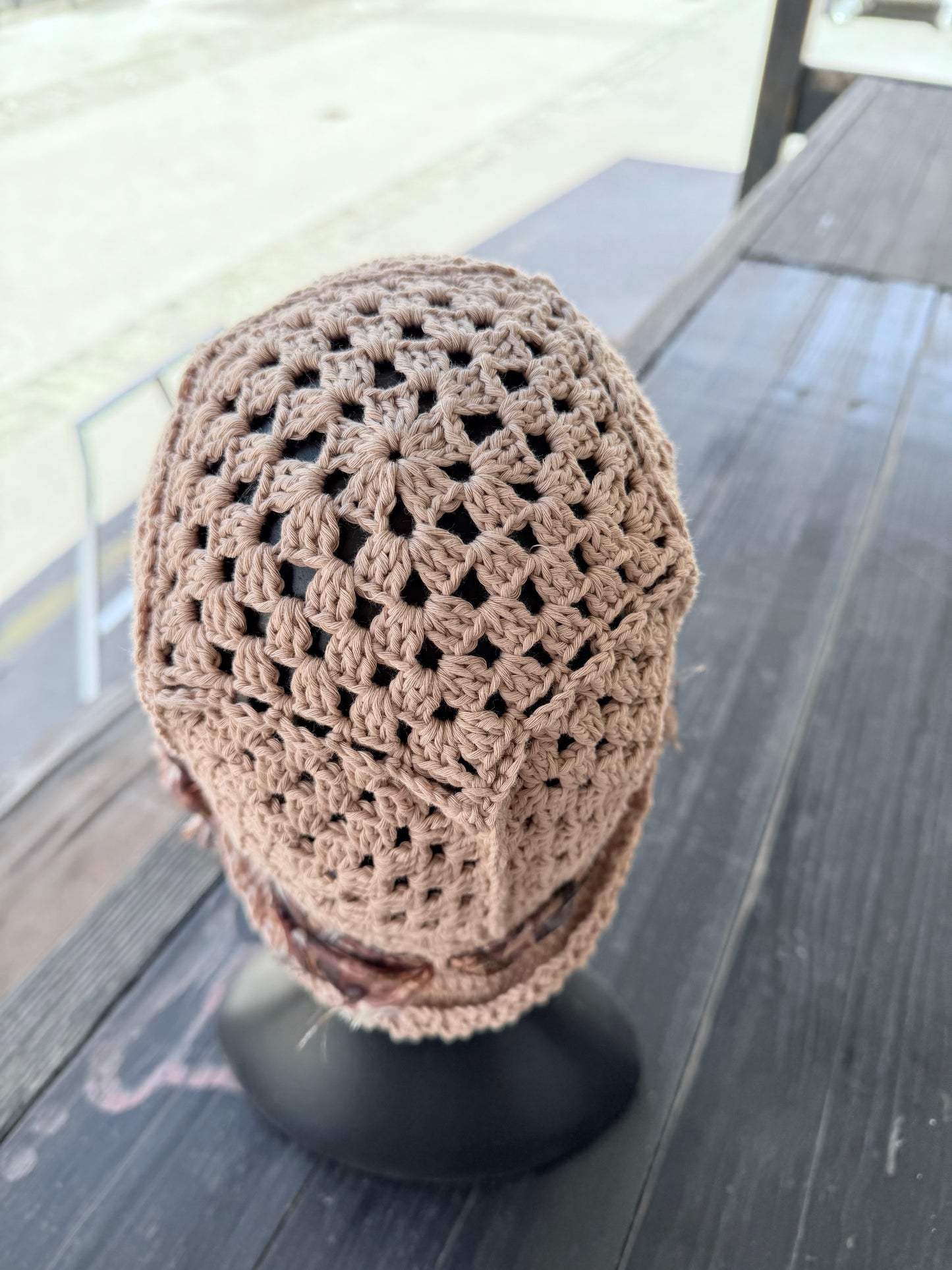 Crochet beige bucket Sun Hat,Handmade Cotton Hat, granny squere bucket hat