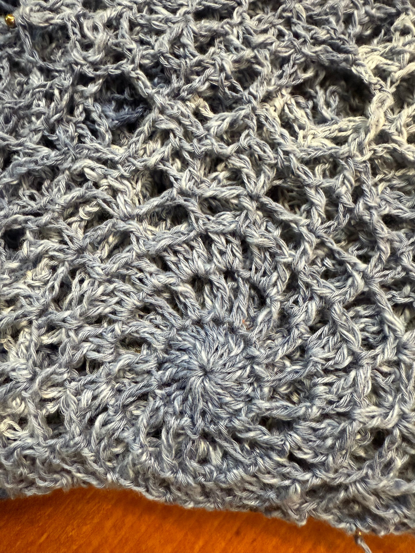Crochet unique jeans blue Circle blouse, Hand-Crocheted Boho Blouse – Hemp & Cotton Blend with Hematite Accents