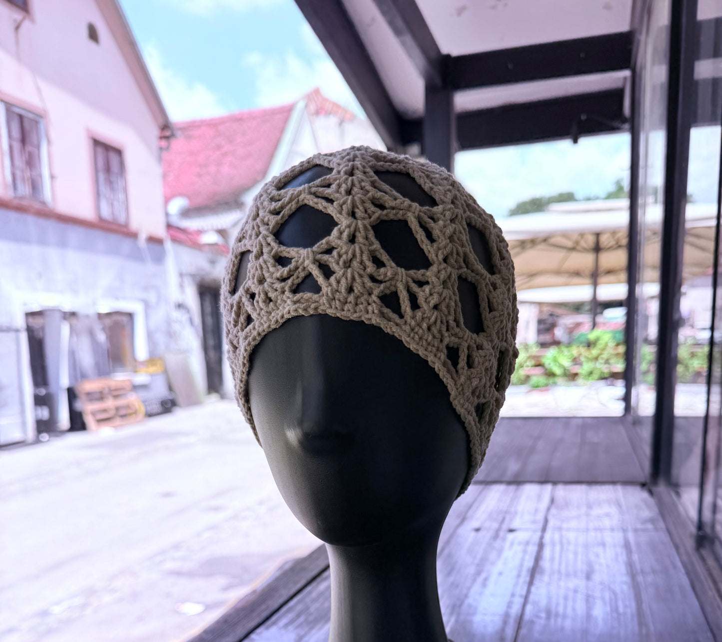 Mesh crochet beige beanie, handmade crochet hat