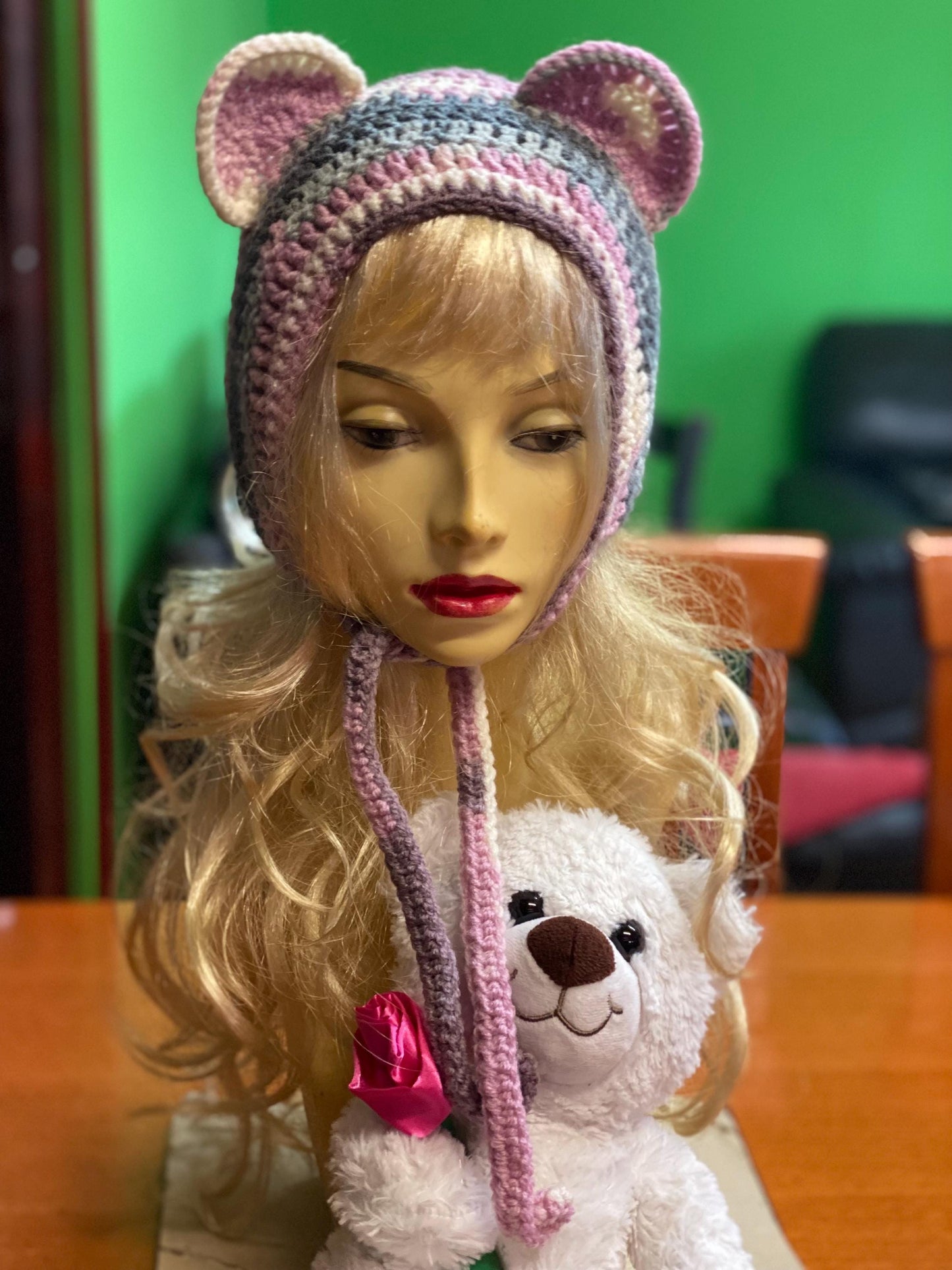 Handmade  Bear Ear Bonnet with Ties, Crochet Animal Ear Beanie, Gothic Aesthetic Winter Hat, Cute Bear Ear Hood with Tassels, Coquette