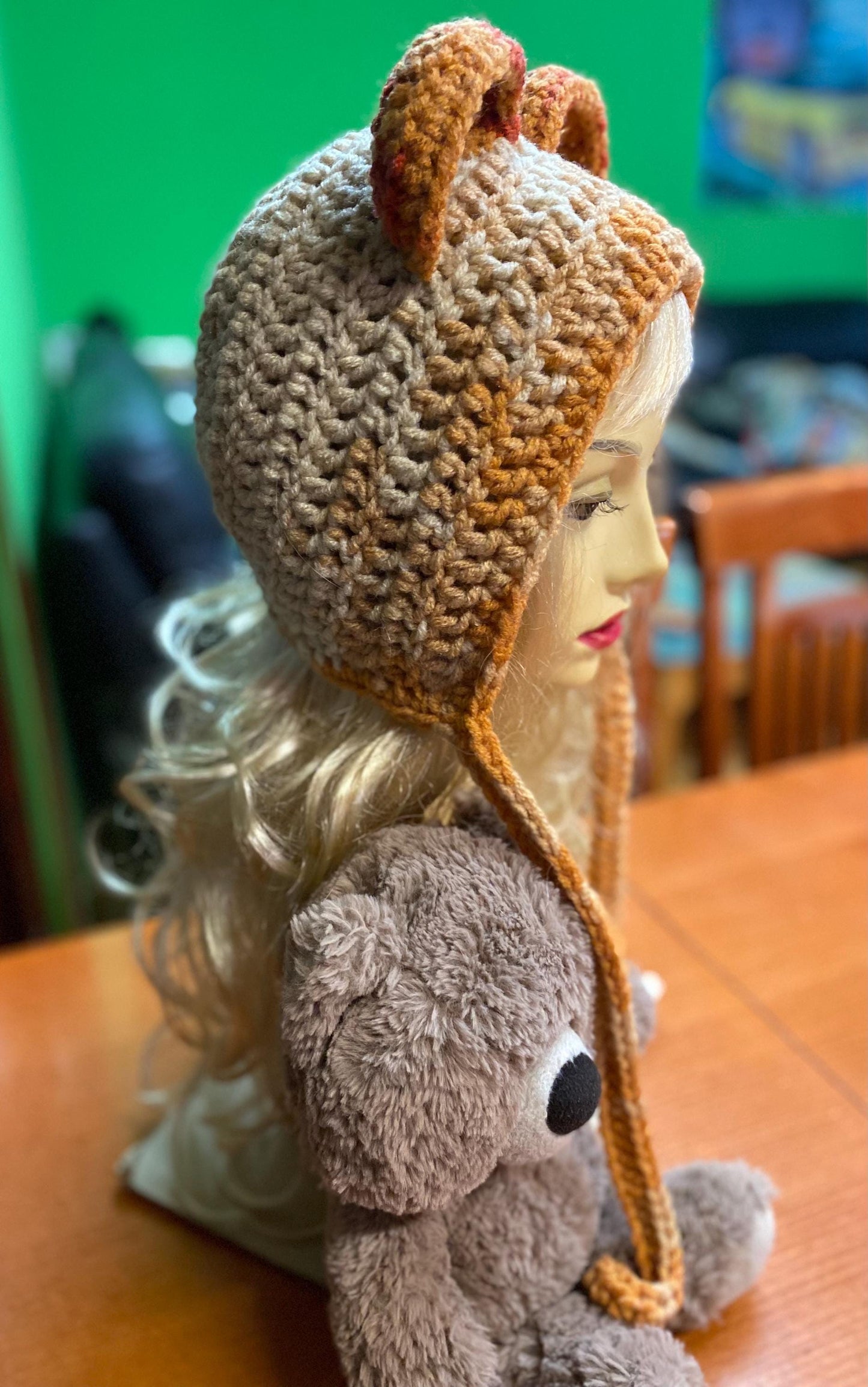 Handmade Black Bear Ear Bonnet with Ties, Crochet Animal Ear Beanie, Gothic Aesthetic Winter Hat, Cute Bear Ear Hood with Tassels, Coquette